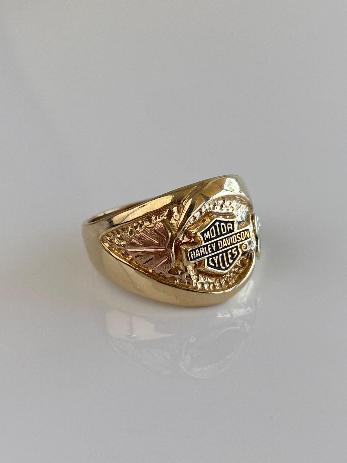 Solid 10k Black Hills Gold Leaves Black Enamel 'Harley Davidson' Ring - Size 9.75
