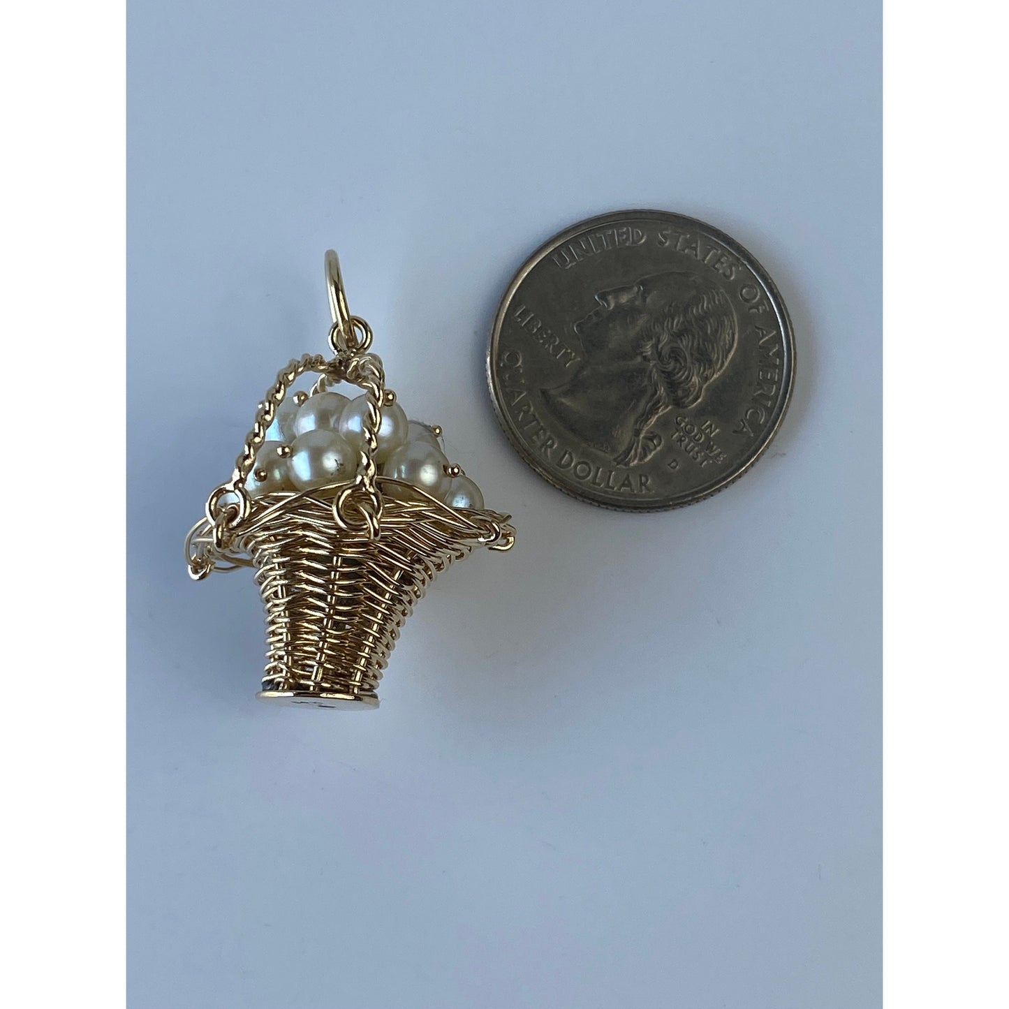 Vintage Solid 14k Yellow Gold Pearl Cluster Wire Basket Charm