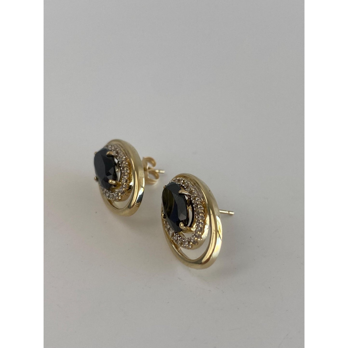 Vintage Solid 10k Yellow Gold Diamond Halo Onyx Stud Earrings