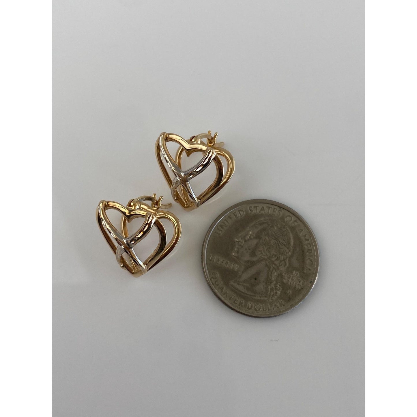 Vintage Solid 10k White & Yellow Gold Diamond Cut Heart Hoop Earrings