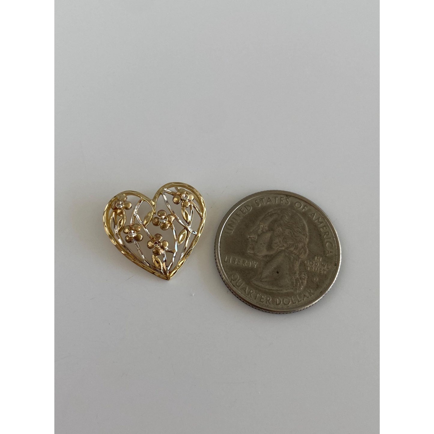 Vintage Solid 10k Tri Tone Gold Diamond Cut Flowers Heart Slide Charm