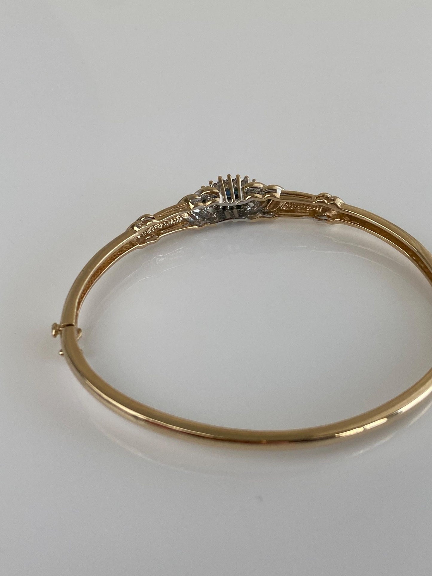 Vintage Solid 10k White & Yellow Gold Diamond Blue Sapphire Bangle Bracelet