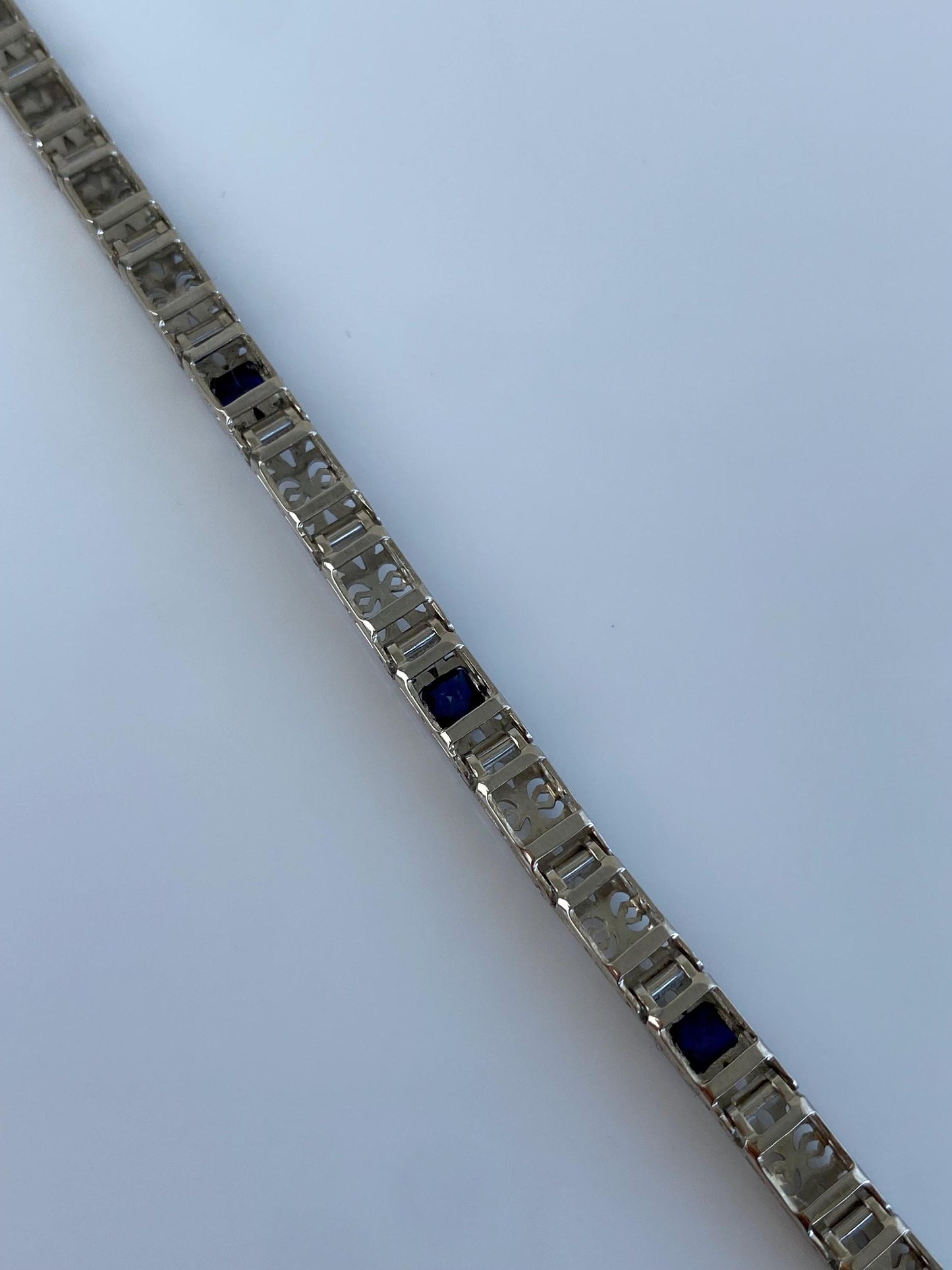 Vintage Solid 14k White Gold & Platinum Blue Sapphire Fancy Link Bracelet - 7 inches