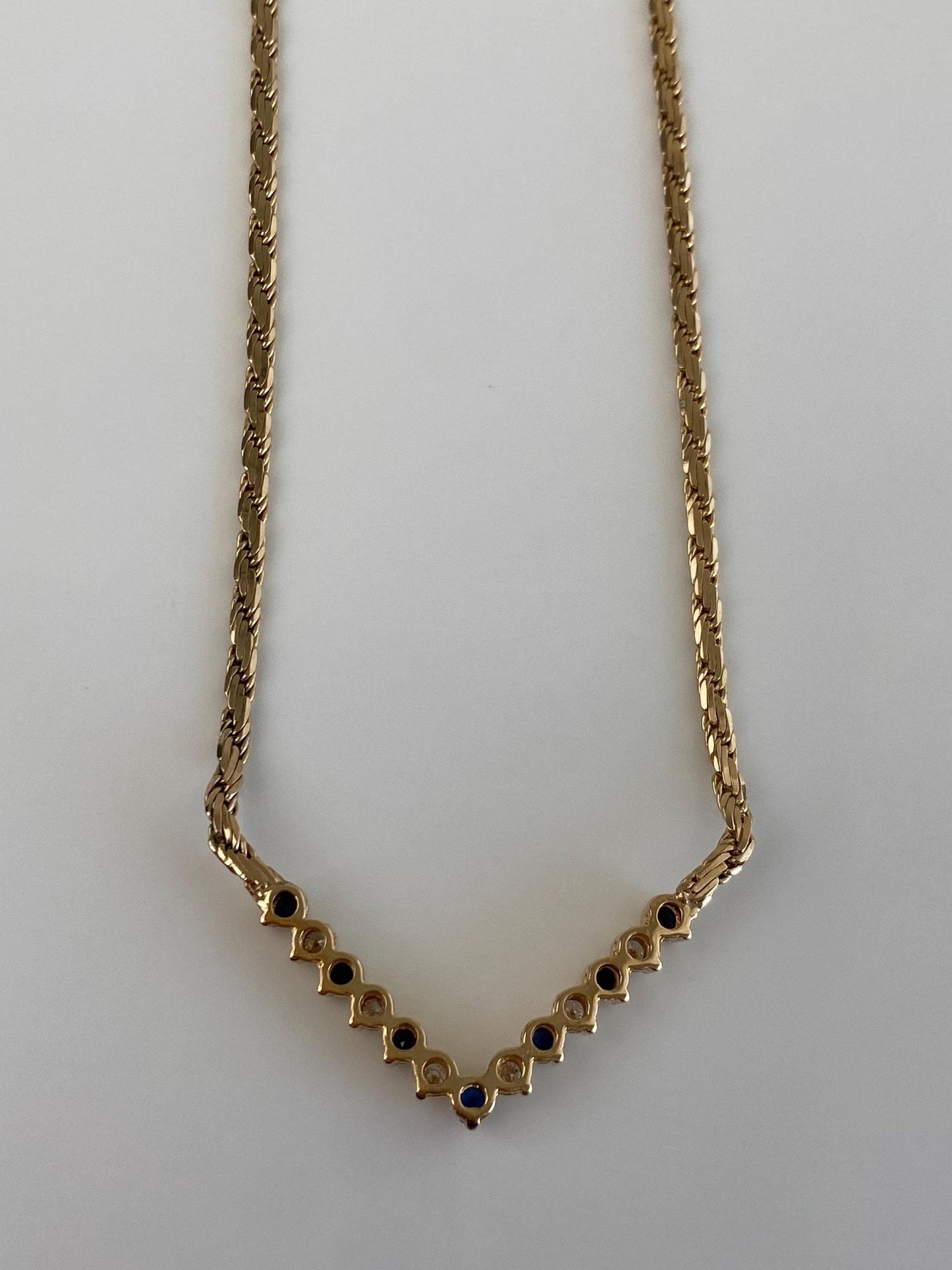 Vintage Solid 14k Yellow Gold Diamond Blue Sapphire Chevron Flat Rope Chain Necklace - 18.75 inches