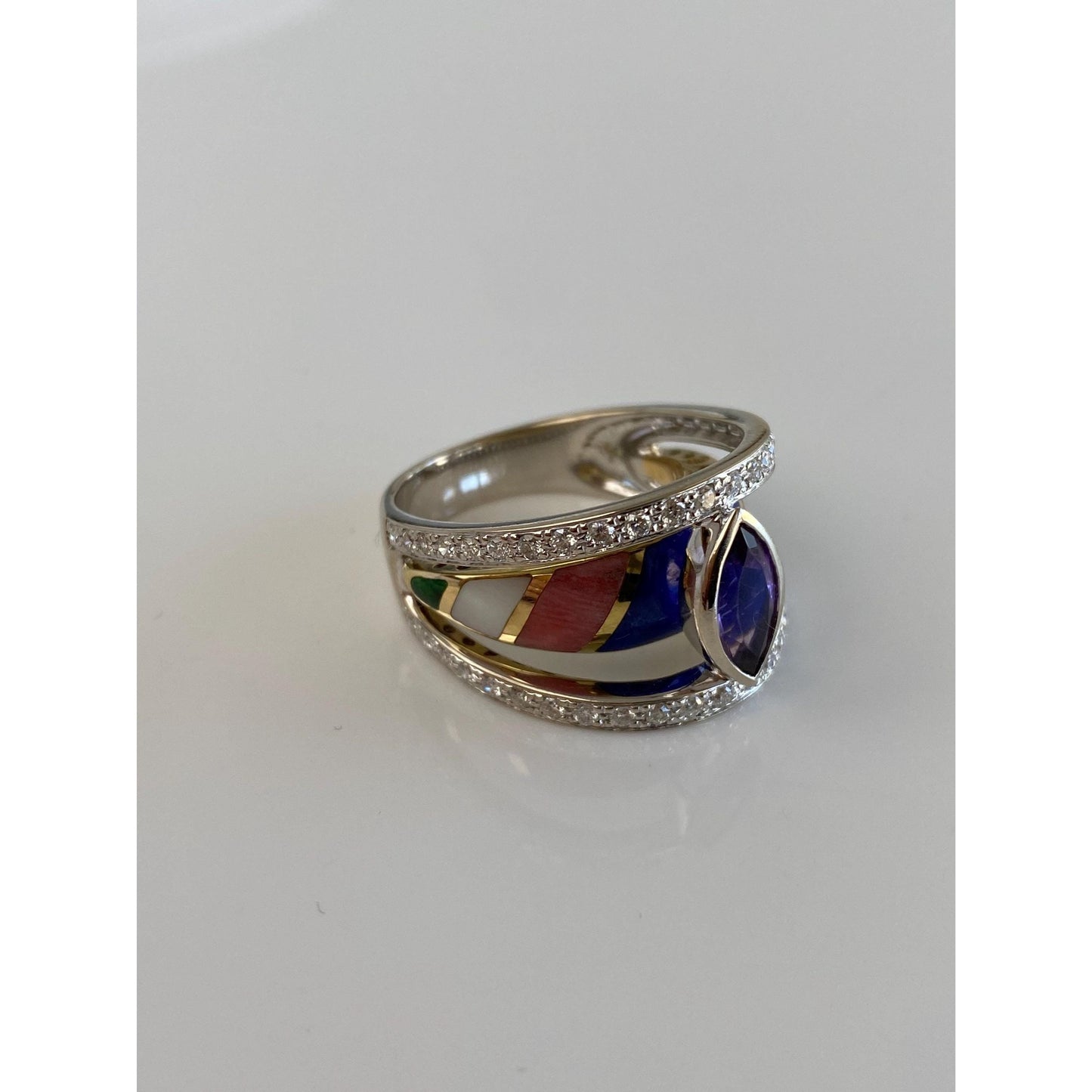 Vintage Solid 18k White & Yellow Gold Inlay Diamond Amethyst Ring Band - Size 7.25