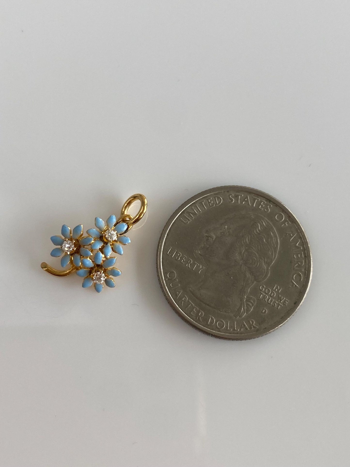 Vintage Solid 21k Yellow Gold Diamond Blue Enamel Flowers Stick Pin Conversion Charm