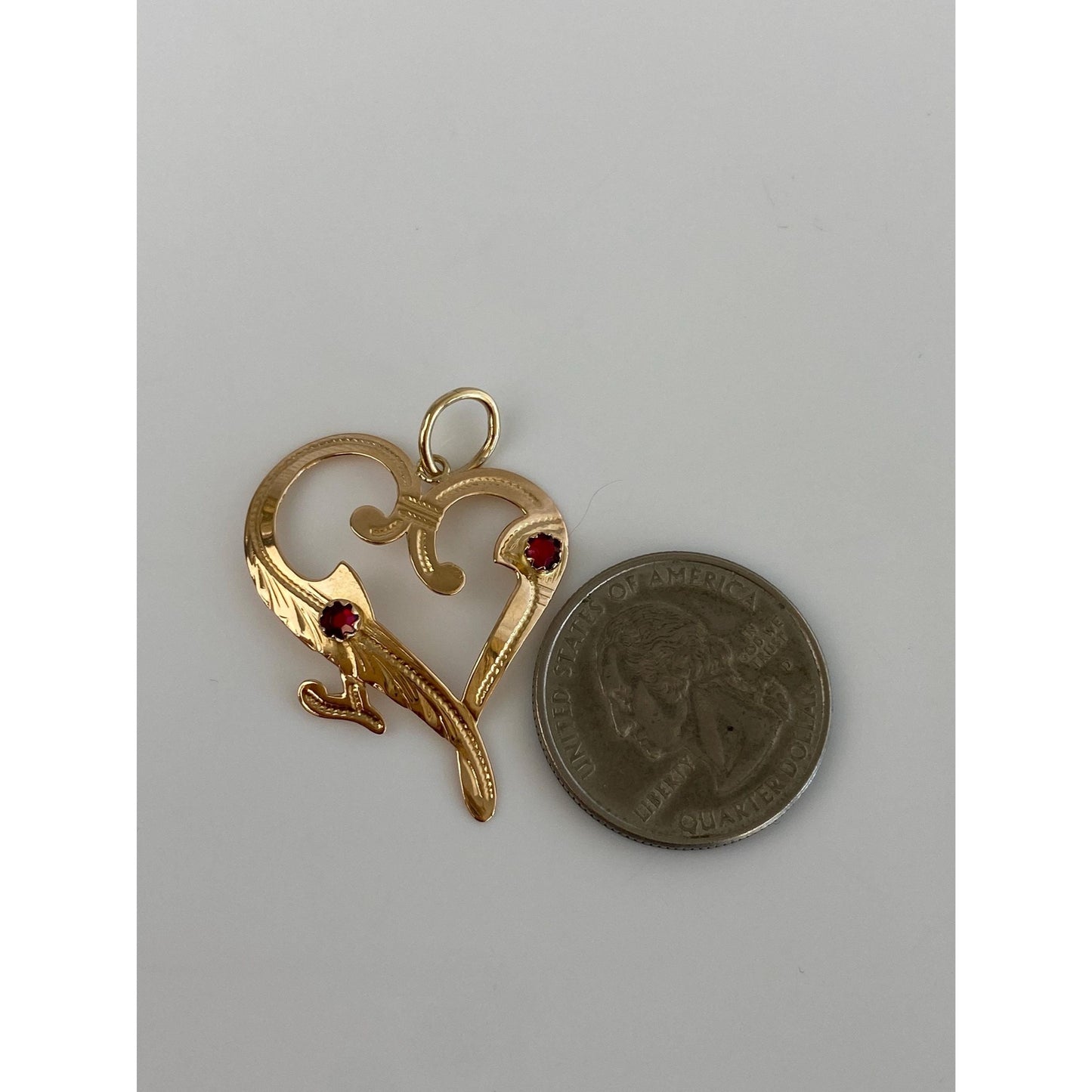 Vintage Solid 18k Yellow Gold Red Cubic Zirconia Engraved Heart Charm