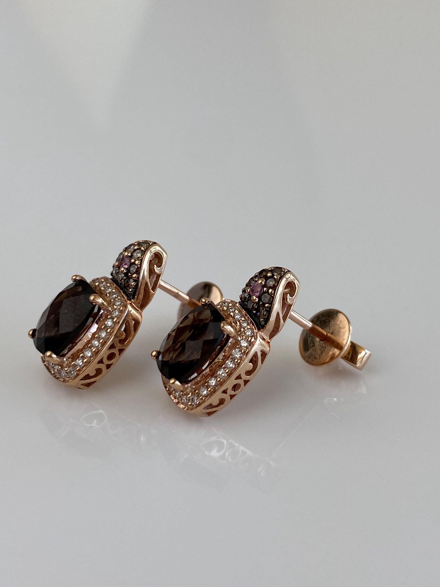 Vintage Solid 14k Rose Gold Diamonds Faceted Smokey Quartz Pink Sapphire Drop Earrings