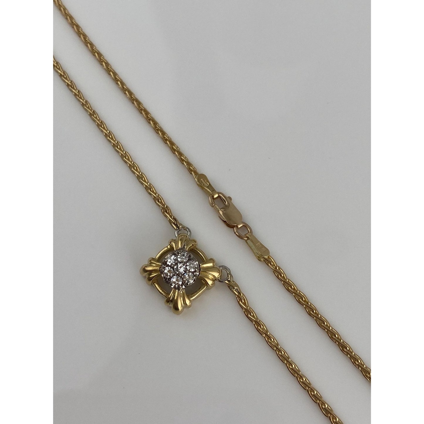 Solid 18k Yellow Gold Diamond Wheat Chain Necklace - 16.5 inches