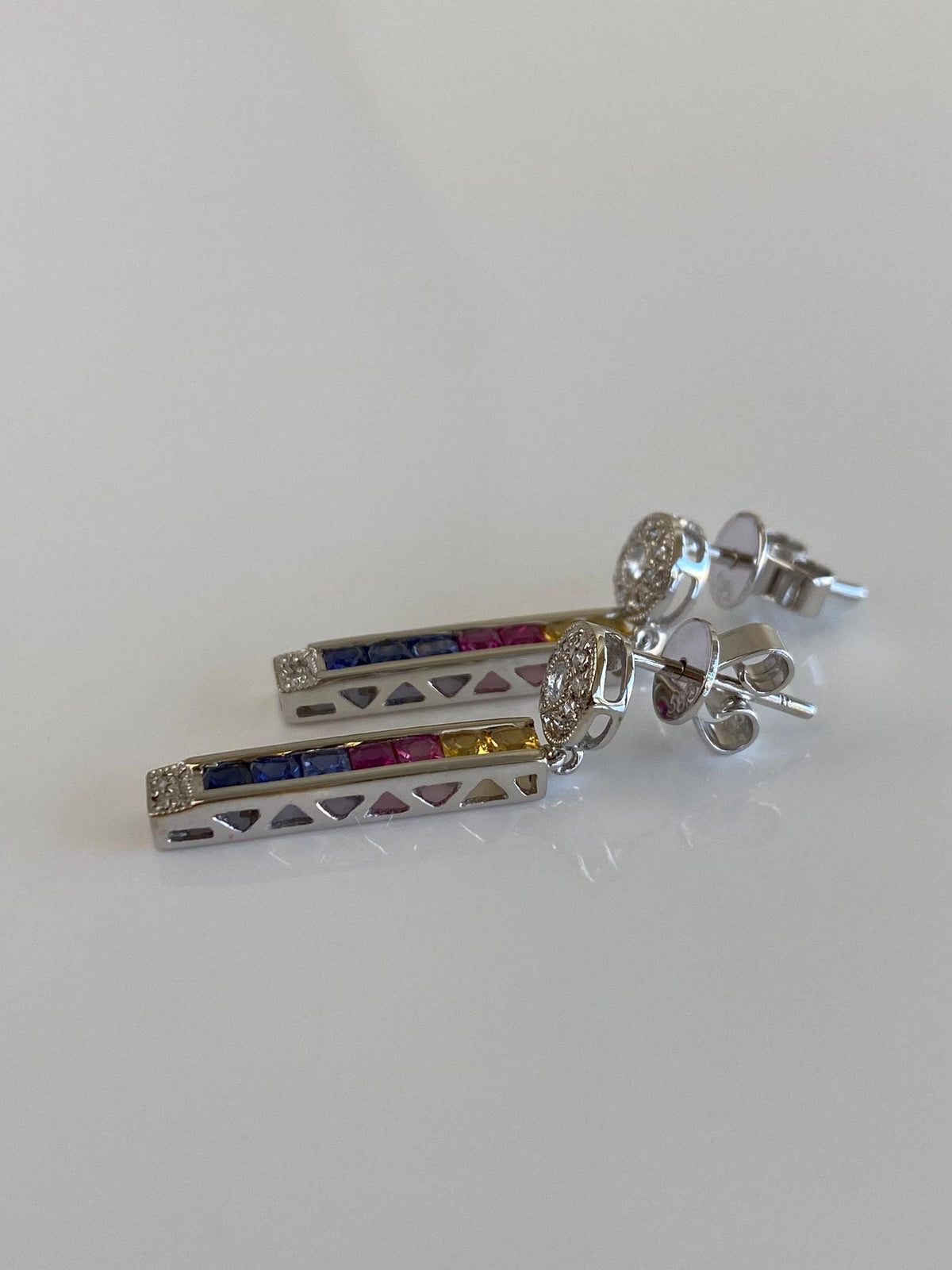 Solid 14k White Gold Diamonds Colored Sapphire Dangle Stud Earrings
