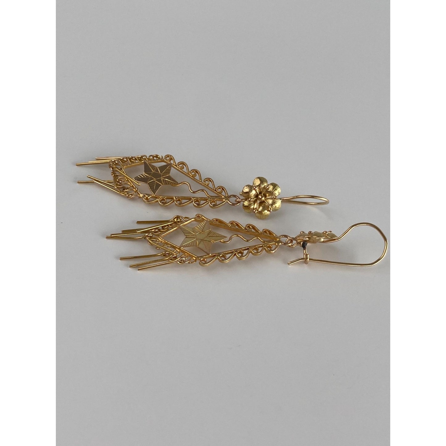 Vintage Solid 14k Yellow Gold Flower Star Fringe Dangle Earrings