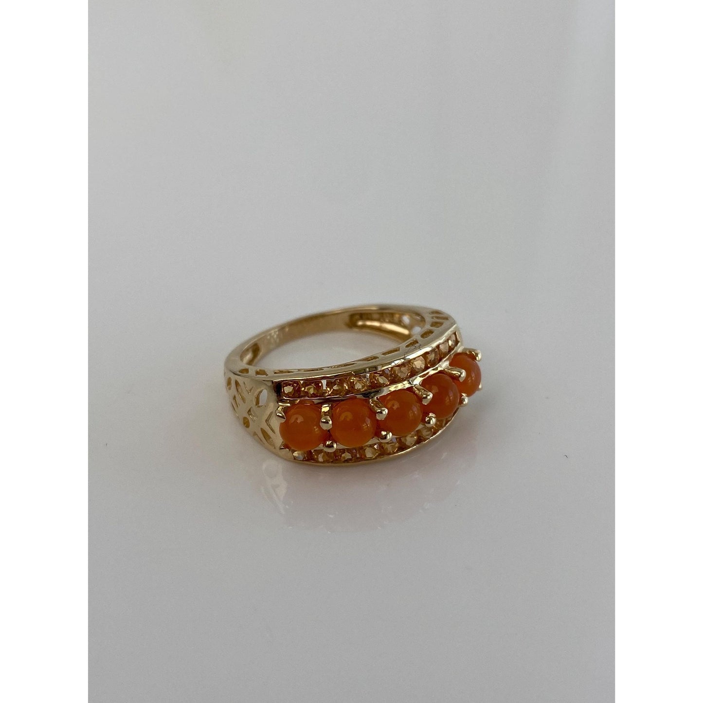 Solid 14k Yellow Gold Matte Citrine Orange Chalcedony Row Ring - Size 7.75