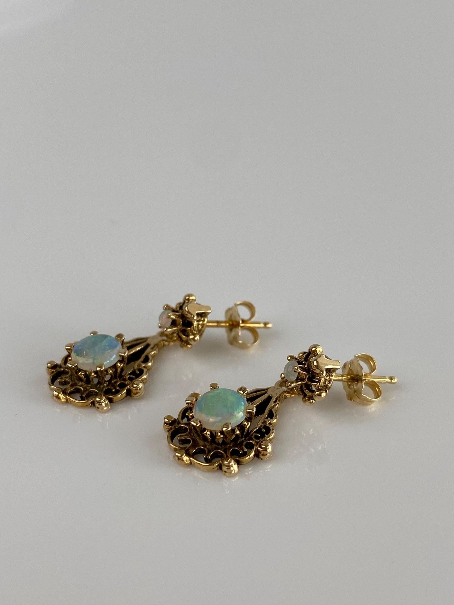 Vintage Solid 14k Yellow Gold Opal Ornate Dangle Stud Earrings
