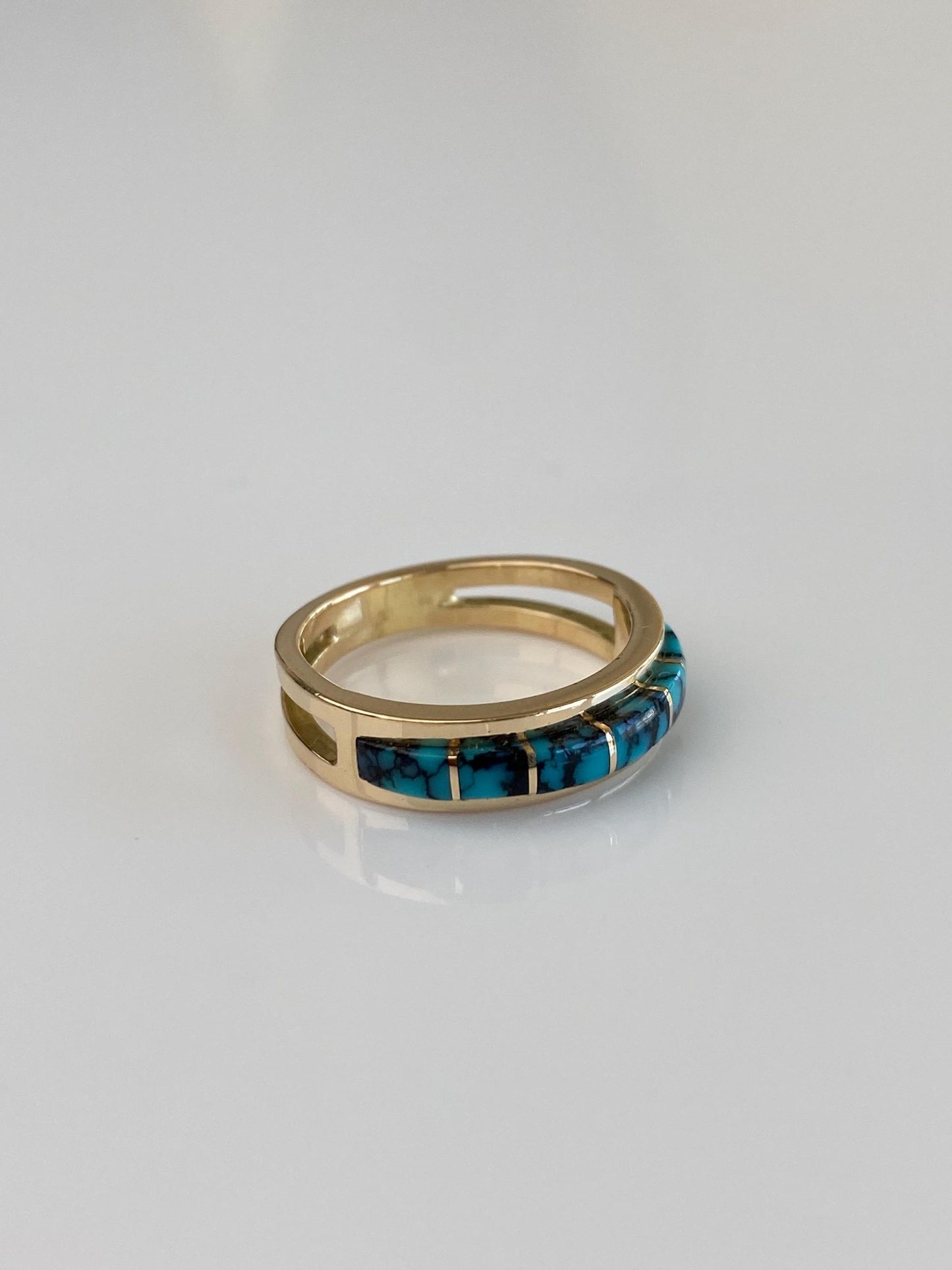 Vintage Solid 14k Yellow Gold Patrick Smith Turquoise Inlay Ring - Size 5.5