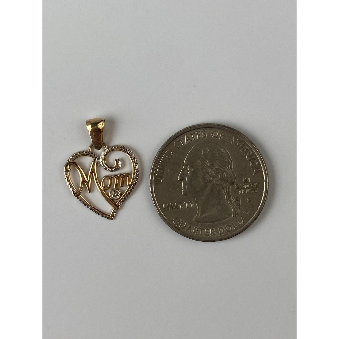 Solid 10k White & Yellow Gold 'Mom' Heart Charm