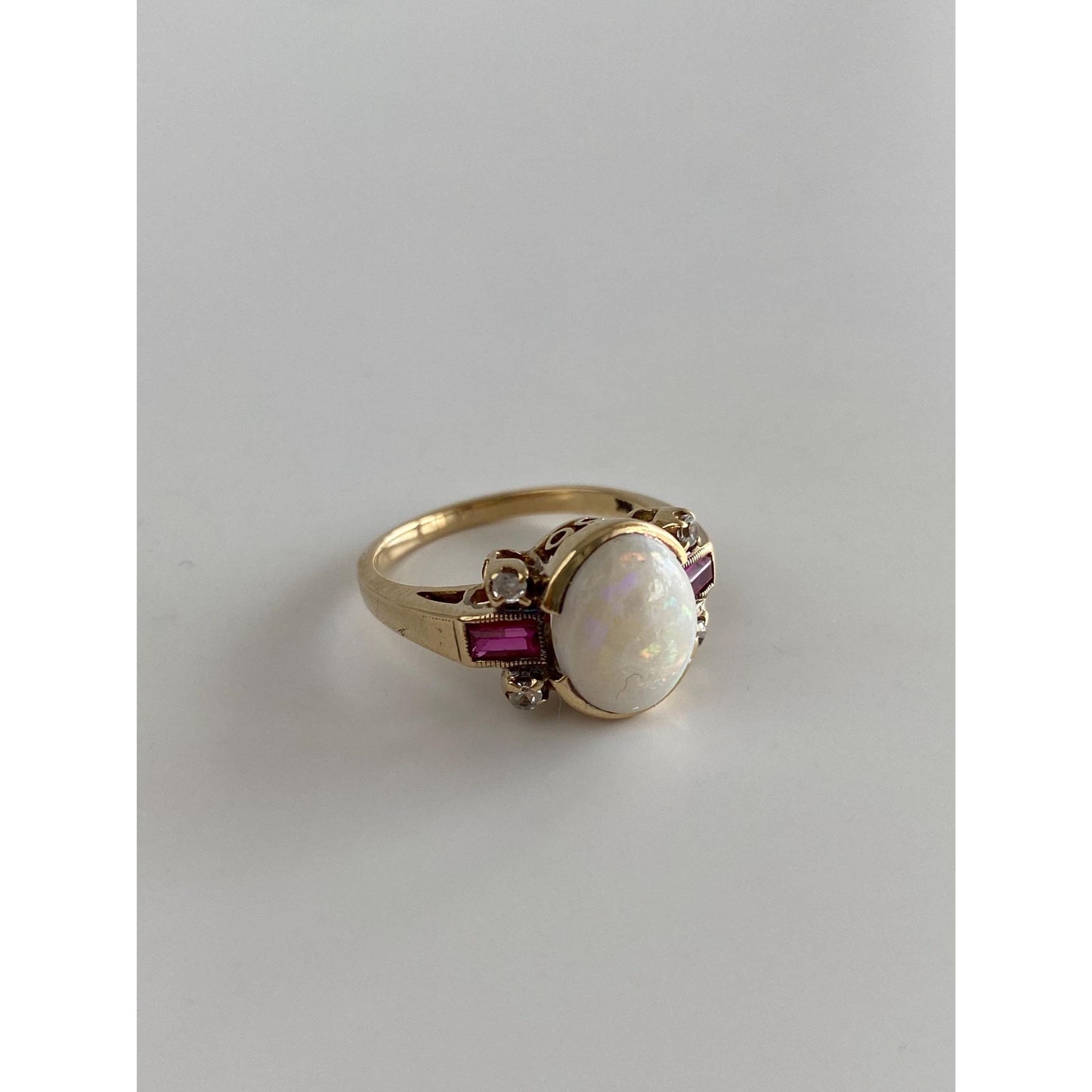 Vintage Solid 10k Yellow Gold Clear Quartz Pink Sapphire Opal Ring - Size 6