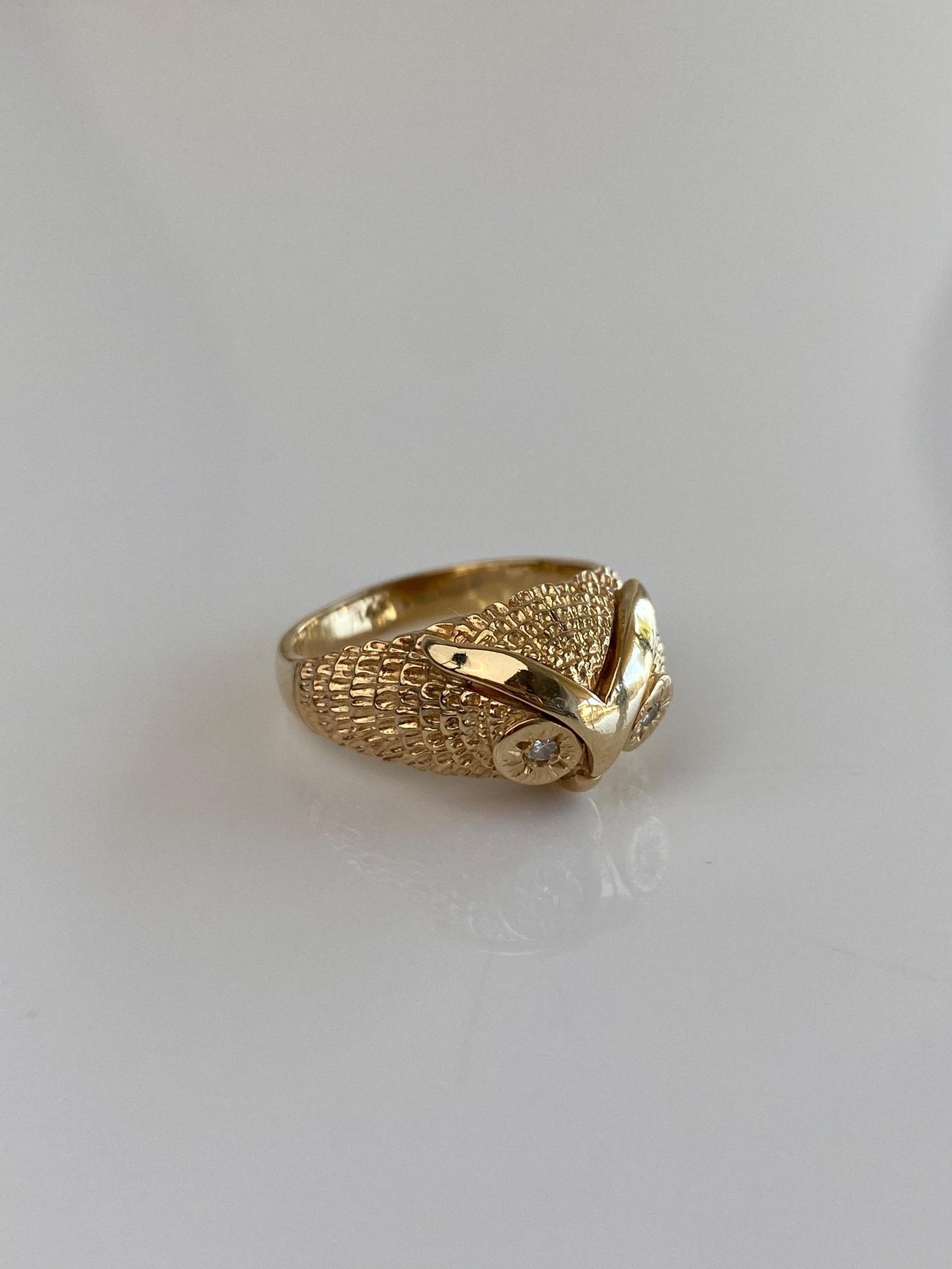 Solid 14k Yellow Gold Diamond Eyes Owl Ring - Size 6