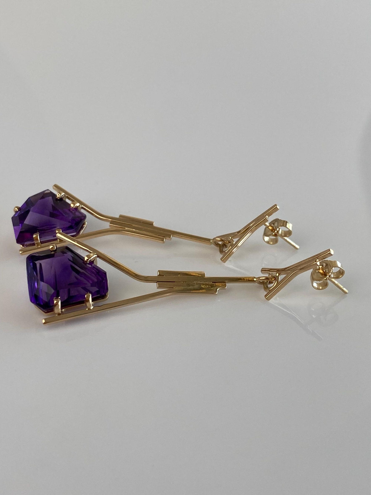 Vintage Solid 14k Yellow Gold Fancy Amethyst Geometric Dangle Stud Earrings