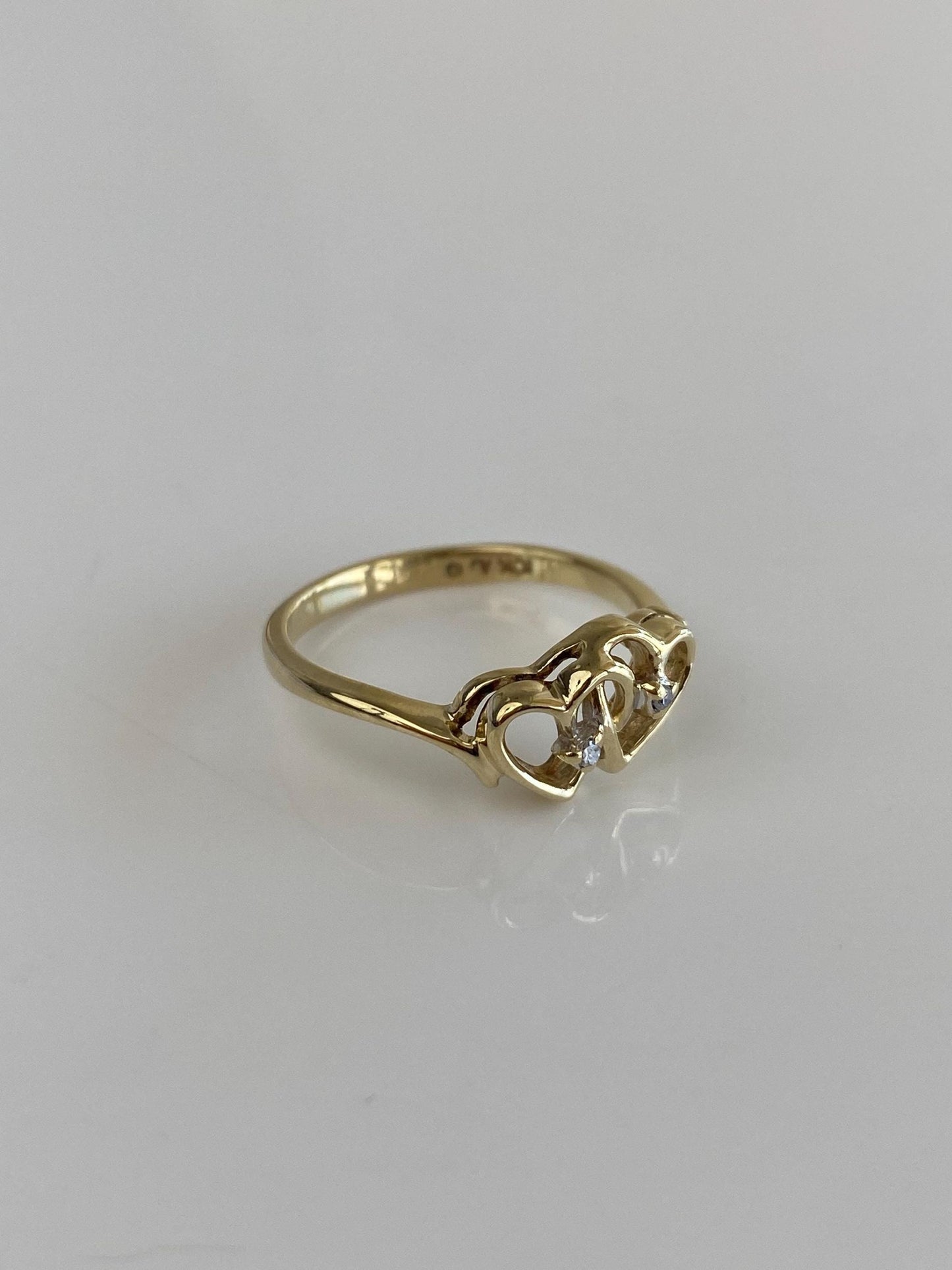 Vintage Solid 10k Yellow Gold Diamond Hearts Ring - Size 6.5