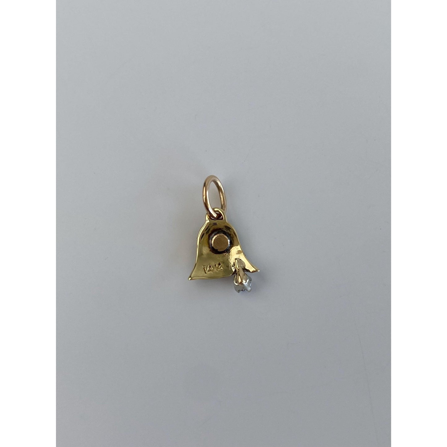 Vintage Solid 14k Yellow Gold Seed Pearl Clear Sapphire Bell Charm