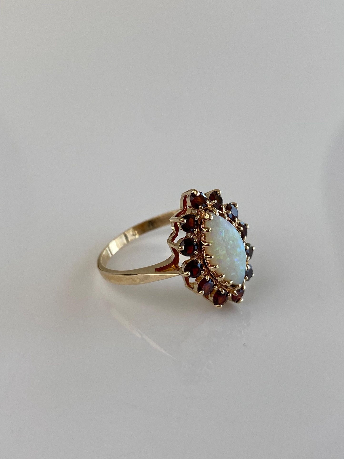 Vintage Solid 10k Yellow Gold Garnet Halo Marquis Opal Ring - Size 8.5