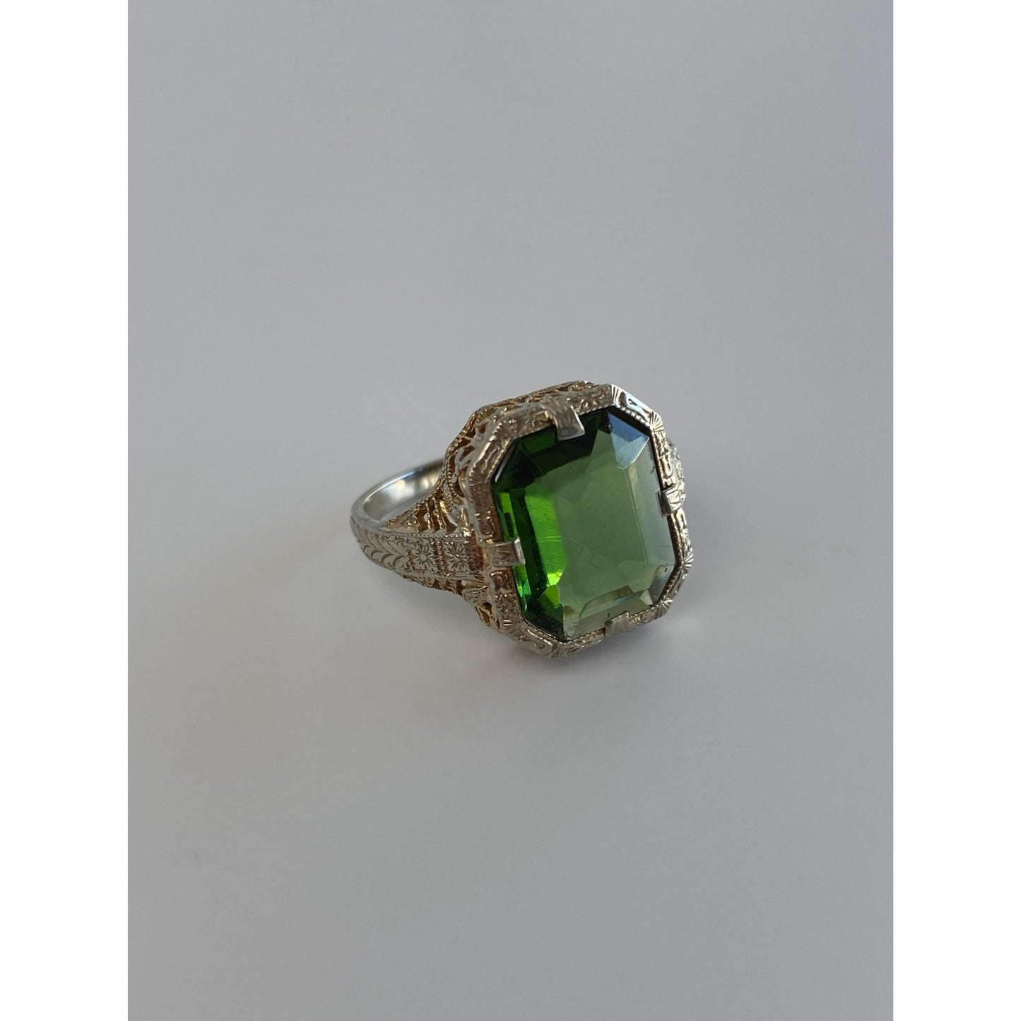 Vintage Solid 14k White & Yellow Gold Green Cubic Zirconia Art Deco Ring - Size 5