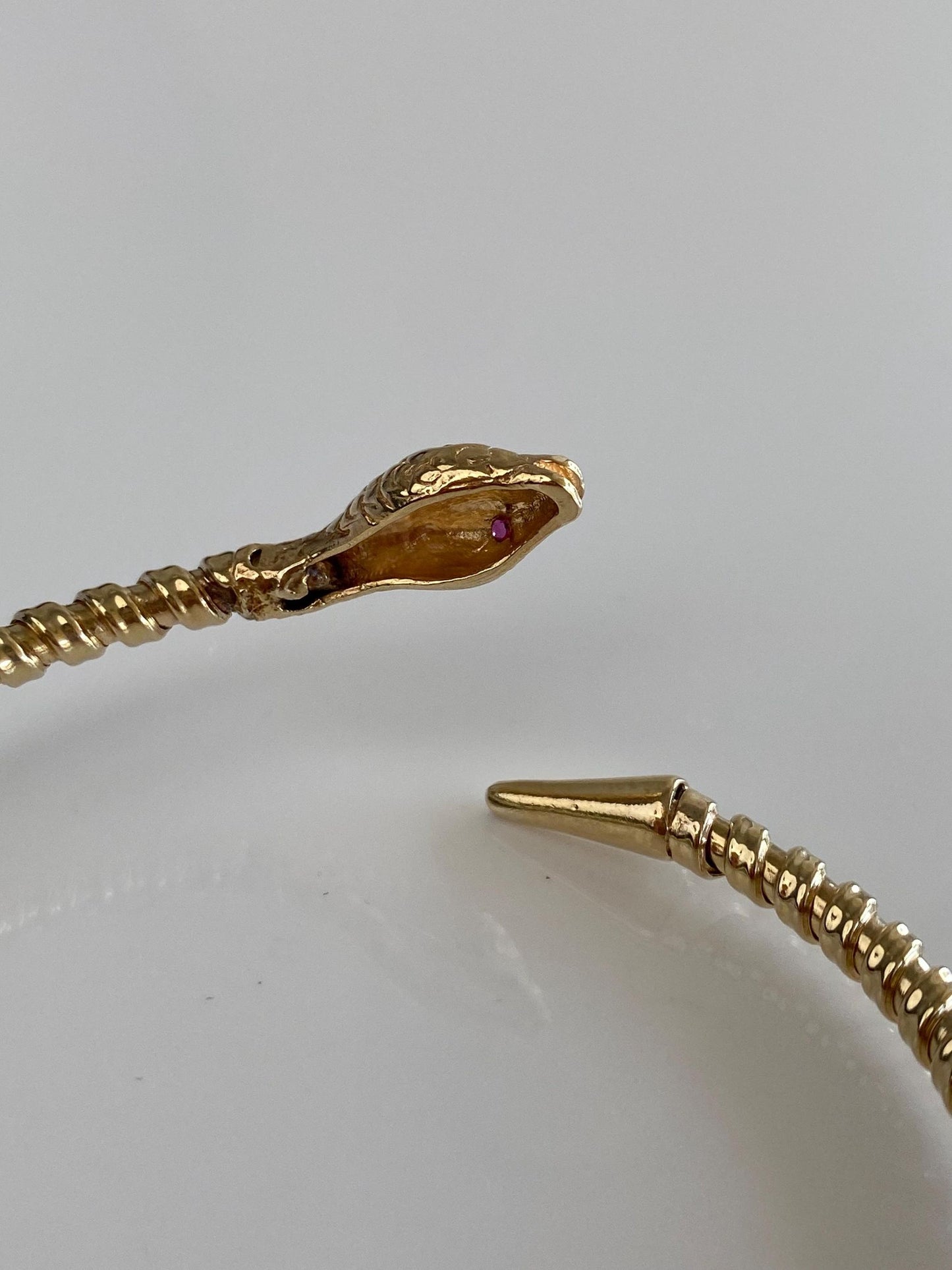 Vintage Solid 14k Yellow Gold Pink Sapphire Eyes Snake Bangle Bracelet - 7 Inches