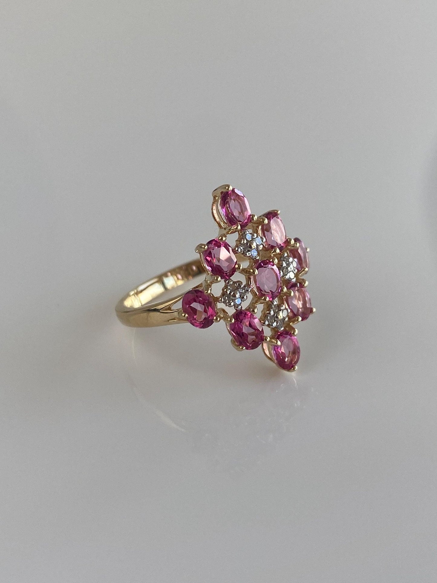 Vintage Solid 10k White & Yellow Gold Diamonds Pink Sapphire Ring - Size 6.75