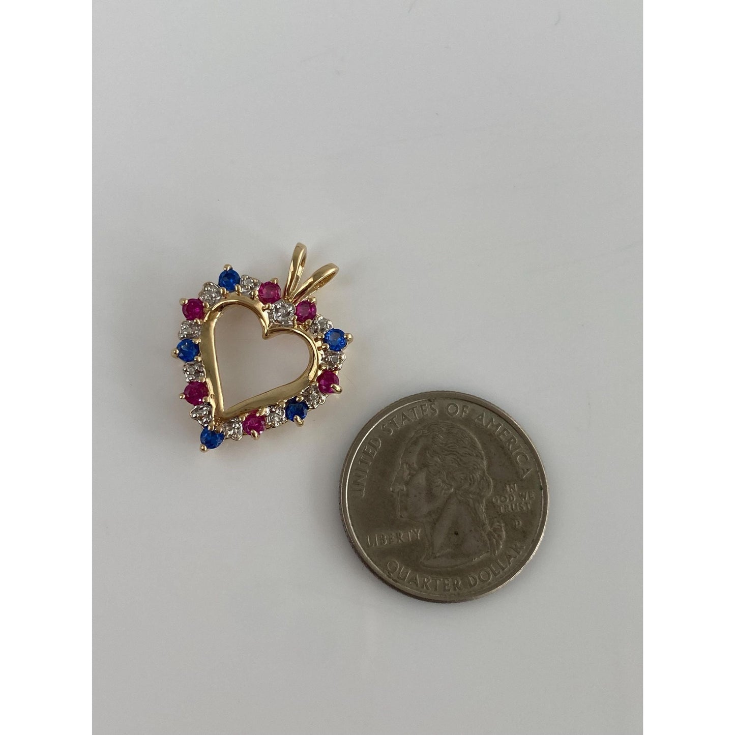 Vintage Solid 14k White & Yellow Gold Diamond Pink and Blue Spinel Heart Charm