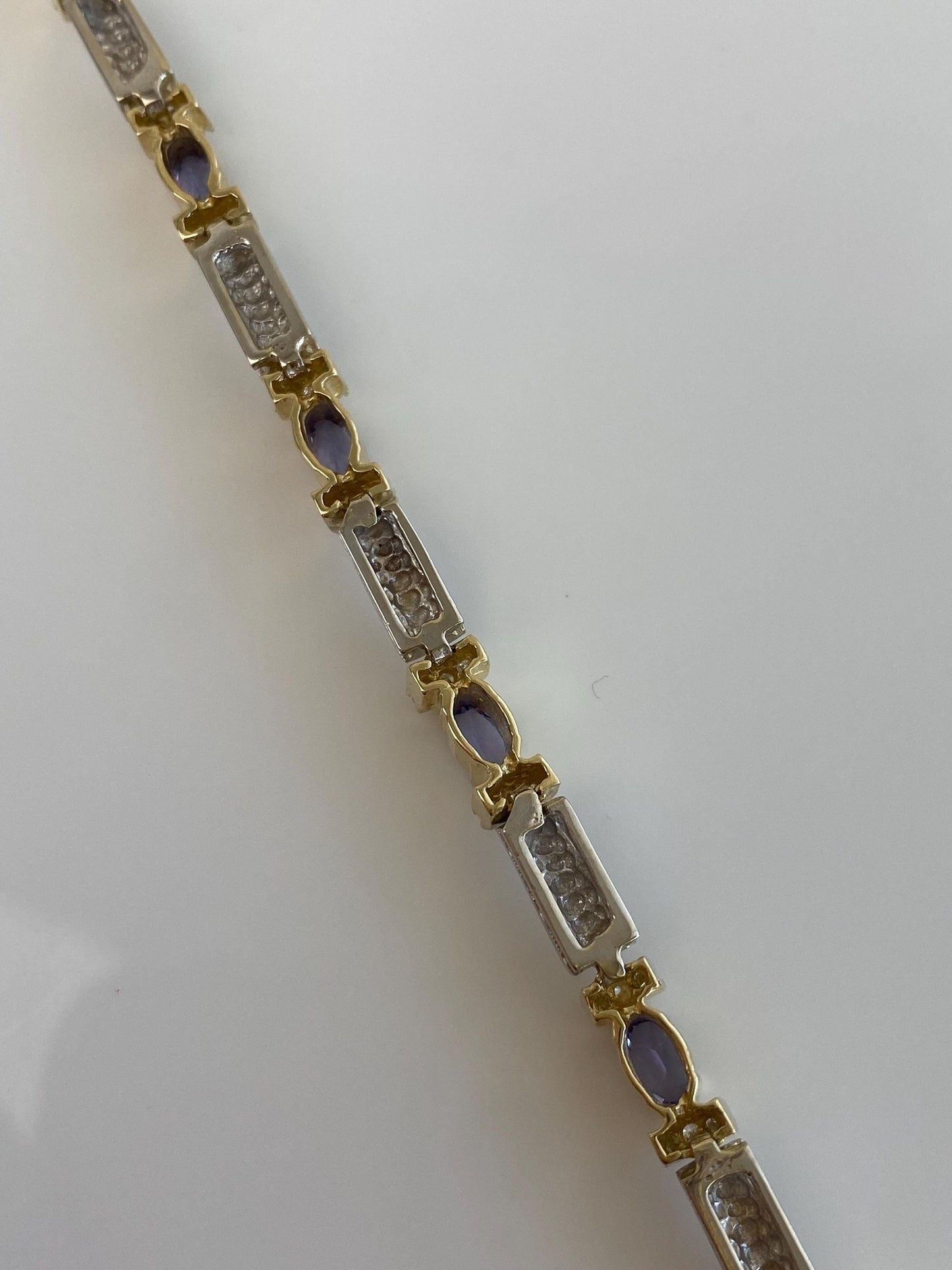 Vintage Solid 14k Yellow Gold & Platinum Diamond Tanzanite Link Bracelet - 7.25 inches