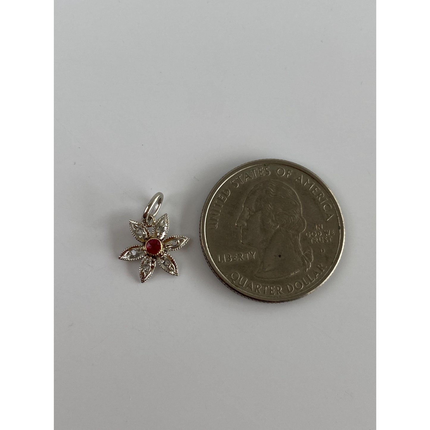 Vintage Solid 14k White & Yellow Gold Pink Cubic Zirconia Diamond Flower Charm