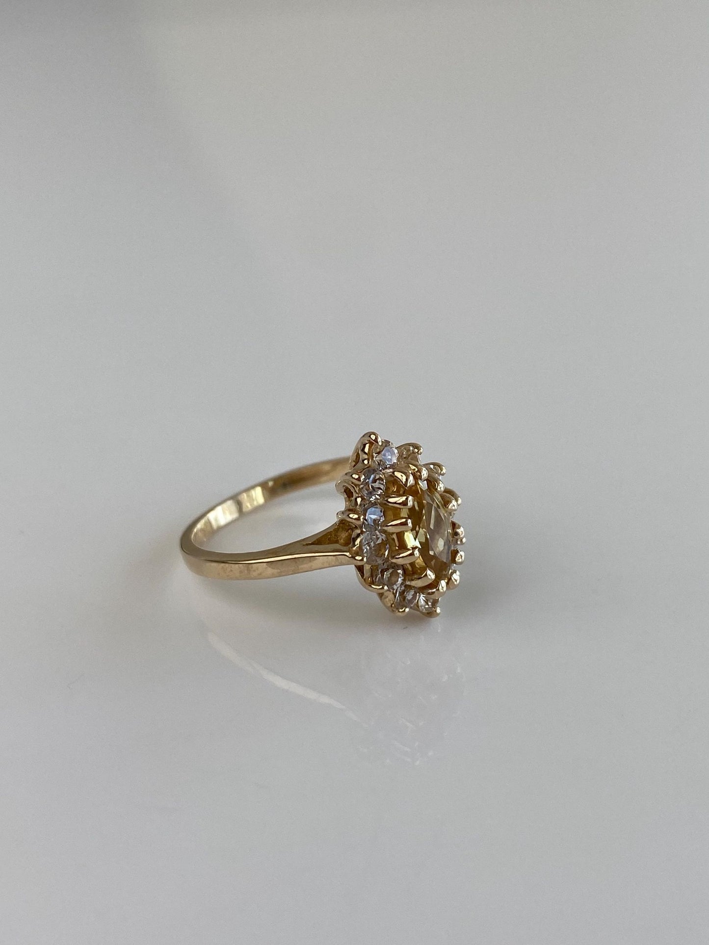 Vintage Solid 14k Yellow Gold Clear Quartz Halo Yellow Sapphire Marquis Ring - Size 5