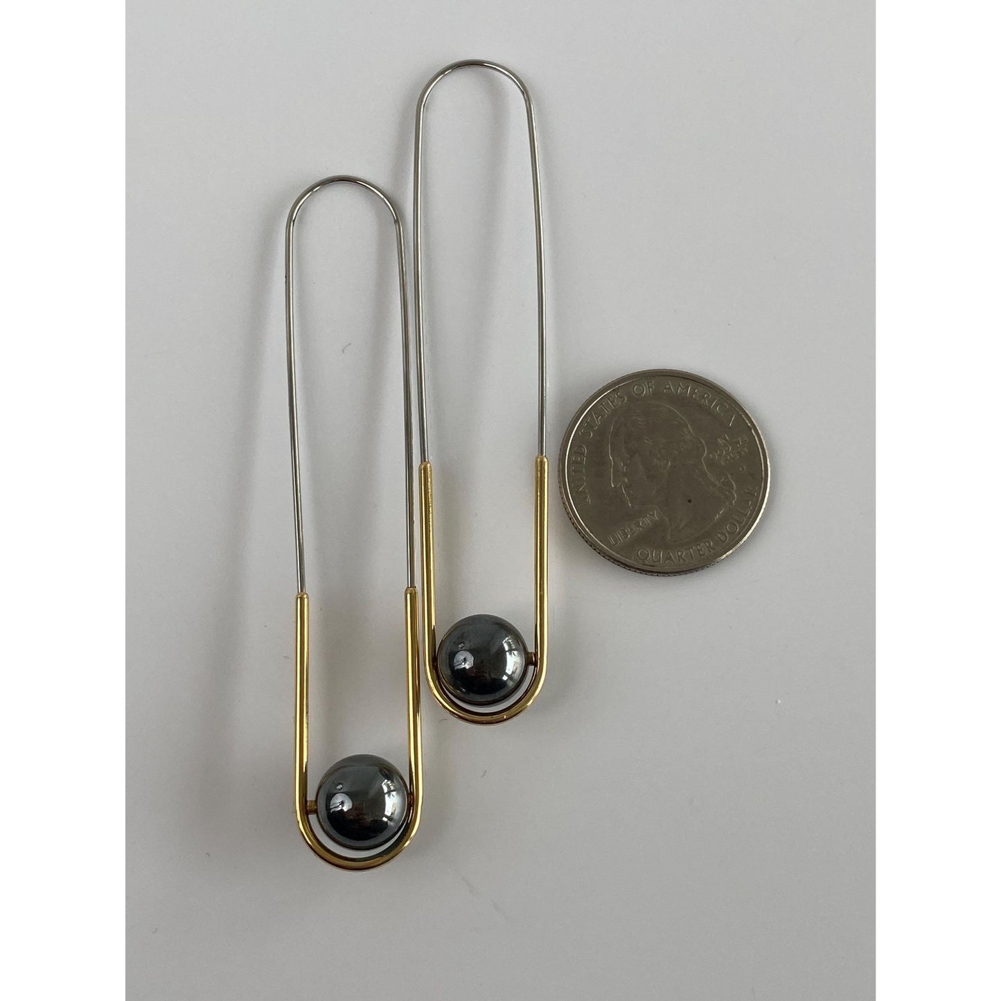 Vintage Solid 18k Yellow Gold & Stainless Steel Hematite Long Oval Hoop Earrings