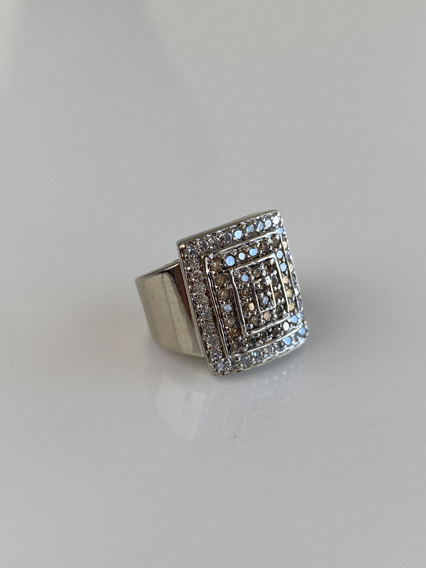 Vintage Solid 14k White Gold Champagne & Clear Diamond Square Ring - Size 3.5