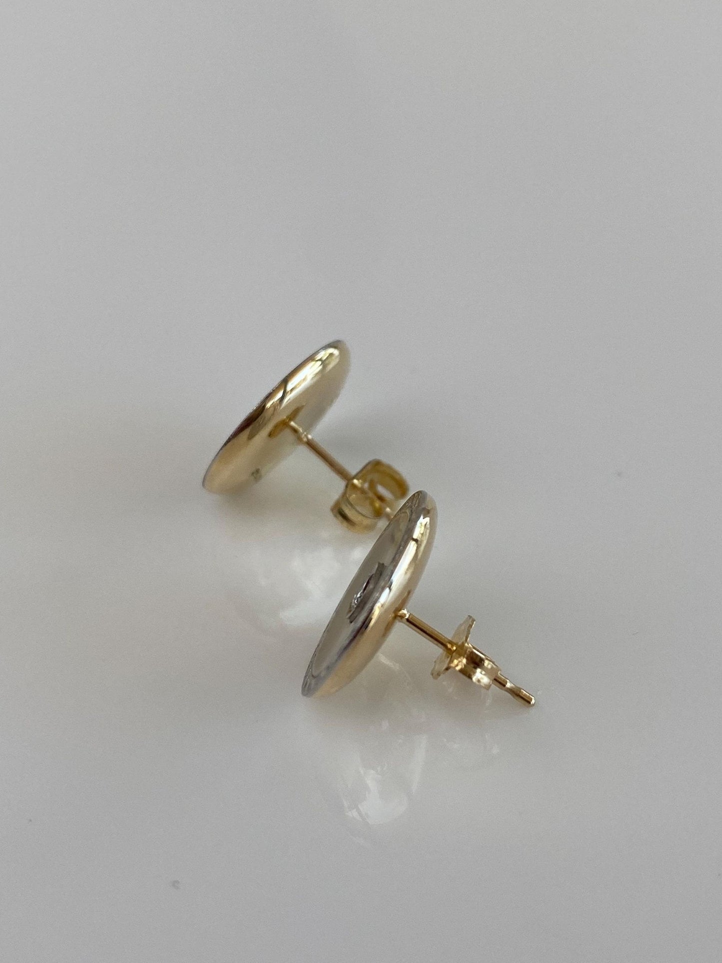 Vintage Solid 14k Yellow Gold & Platinum Mother of Pearl Diamond Cufflink Stud Earrings