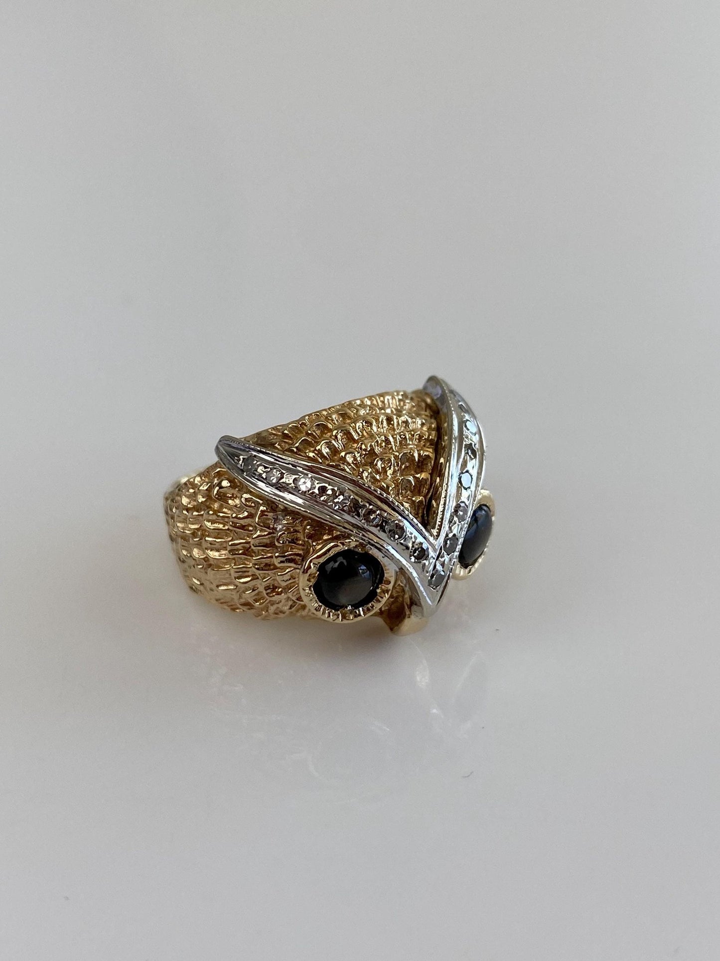 Solid 14k White & Yellow Gold Diamond Star Sapphire Owl Ring - Size 5.25