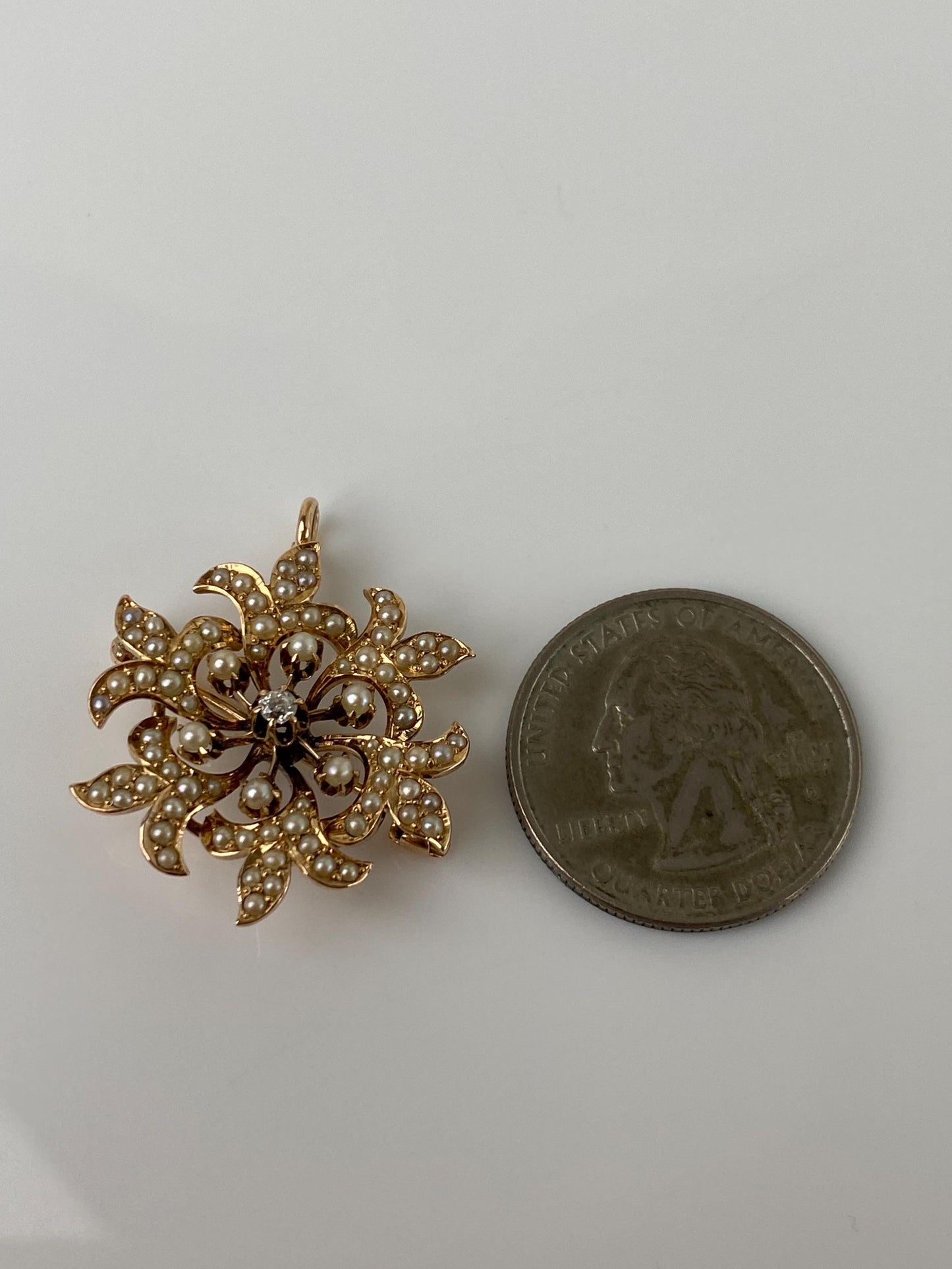 Vintage Solid 14k Yellow Gold Diamond Seed Pearls Brooch Charm
