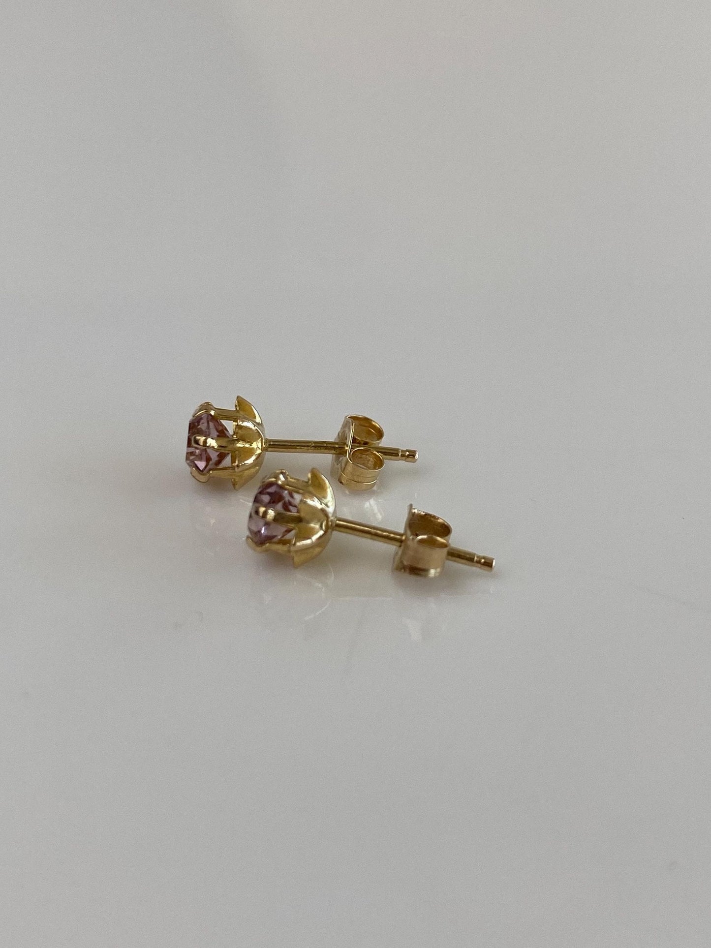 Vintage Solid 14k Yellow Gold Light Pink Cubic Zirconia Stud Earrings