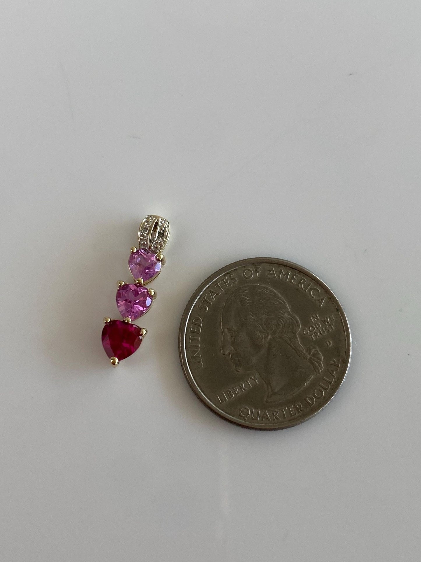Vintage Solid 10k Yellow Gold Clear & Pink Sapphire Hearts Charm