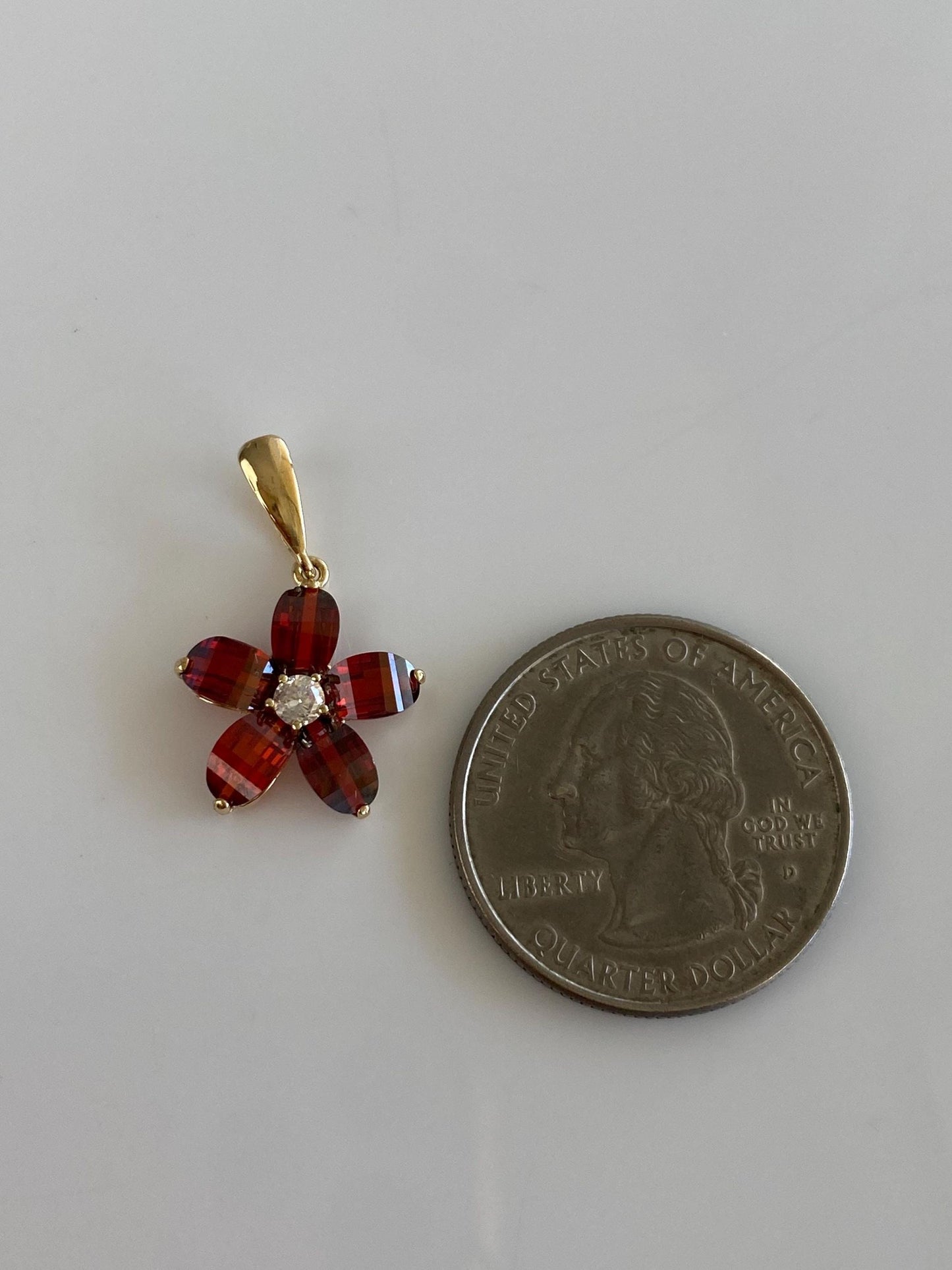 Vintage Solid 14k Yellow Gold Clear & Fancy Cut Red Cubic Zirconia Flower Charm