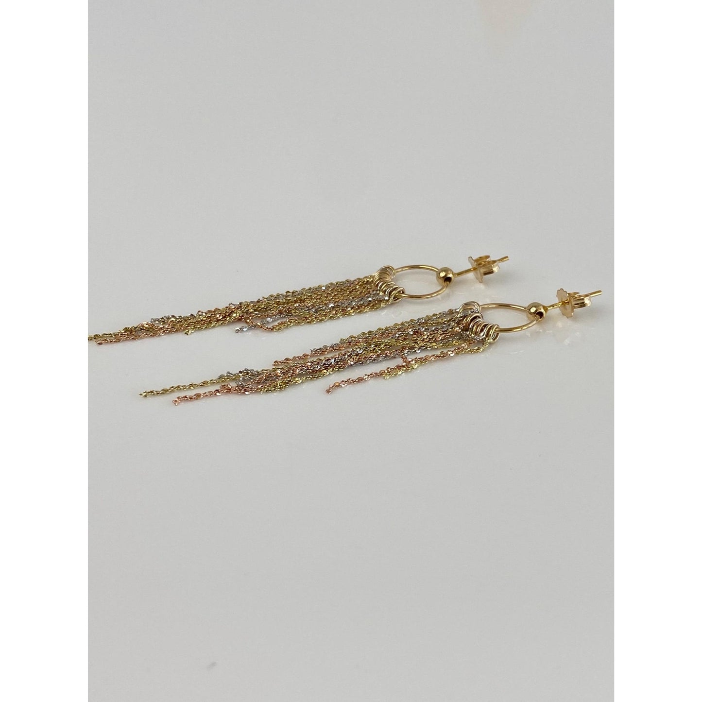 Vintage Solid 14k Tri Tone Gold Fringe Dangle Stud Earrings