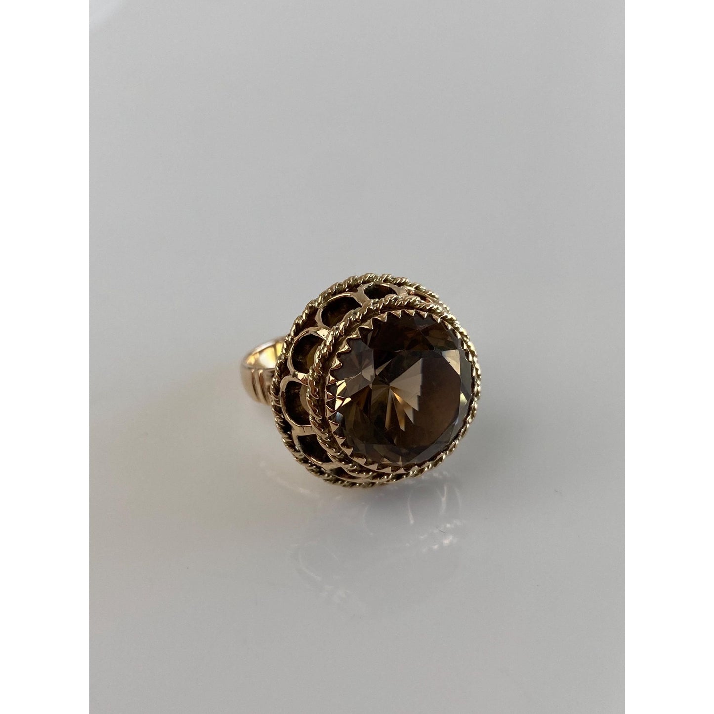 Vintage Solid 10k Yellow Gold Smokey Quartz Cocktail Ring - Size 6