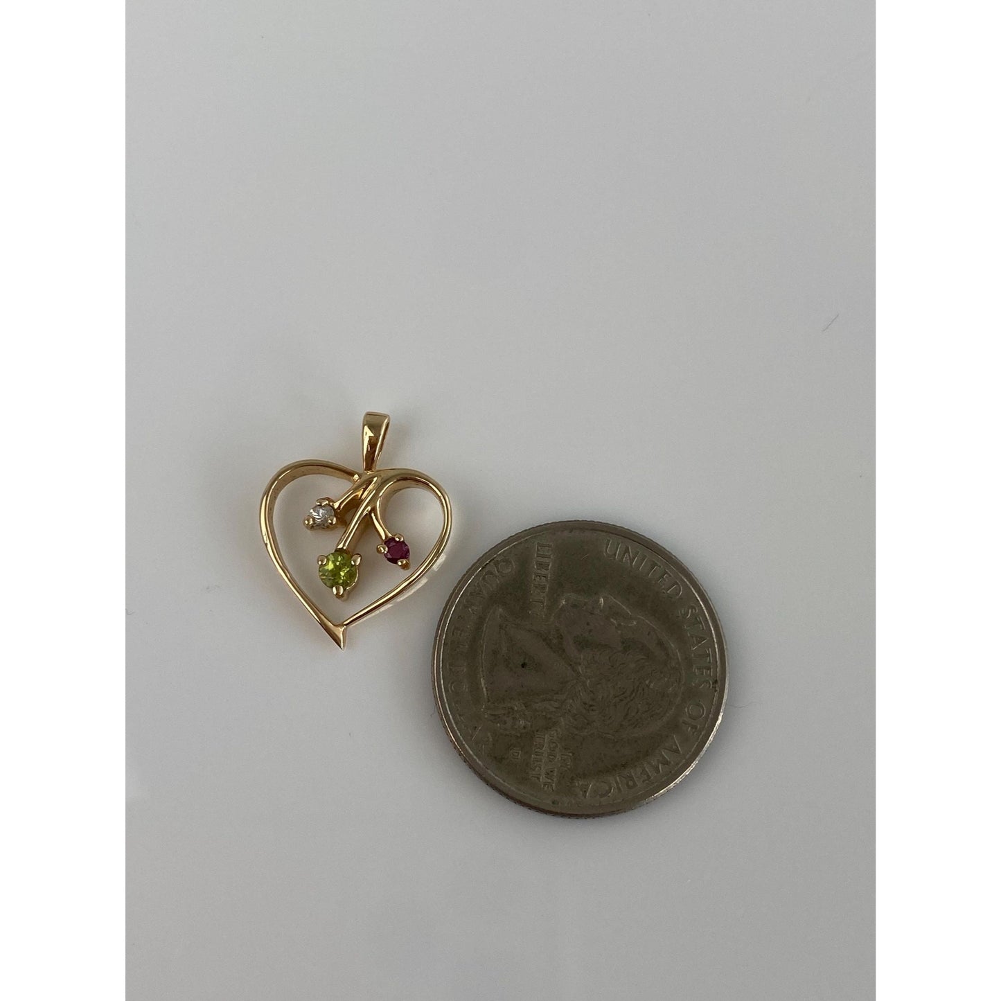 Solid 14k Yellow Gold Peridot Clear & Pink Sapphire Heart Charm