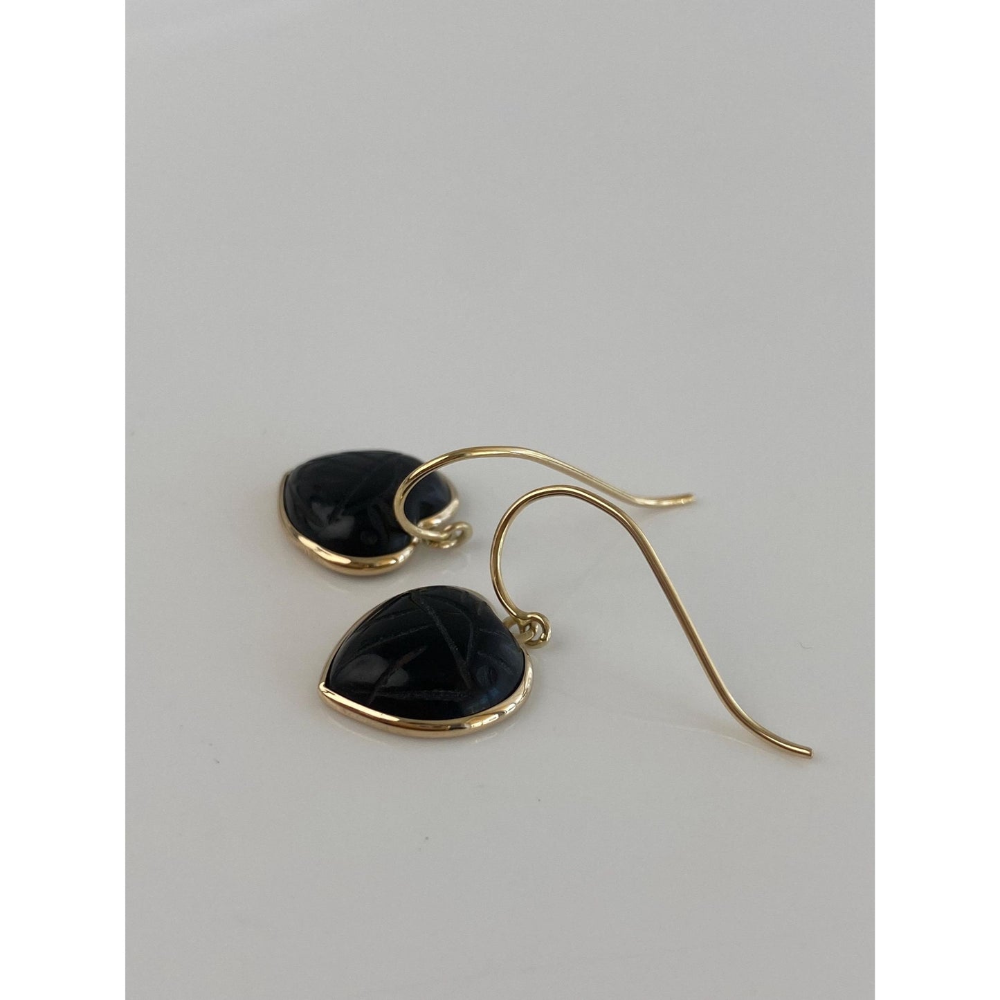 Solid 14k Black Onyx Carved Scarab Heart Dangle Earrings