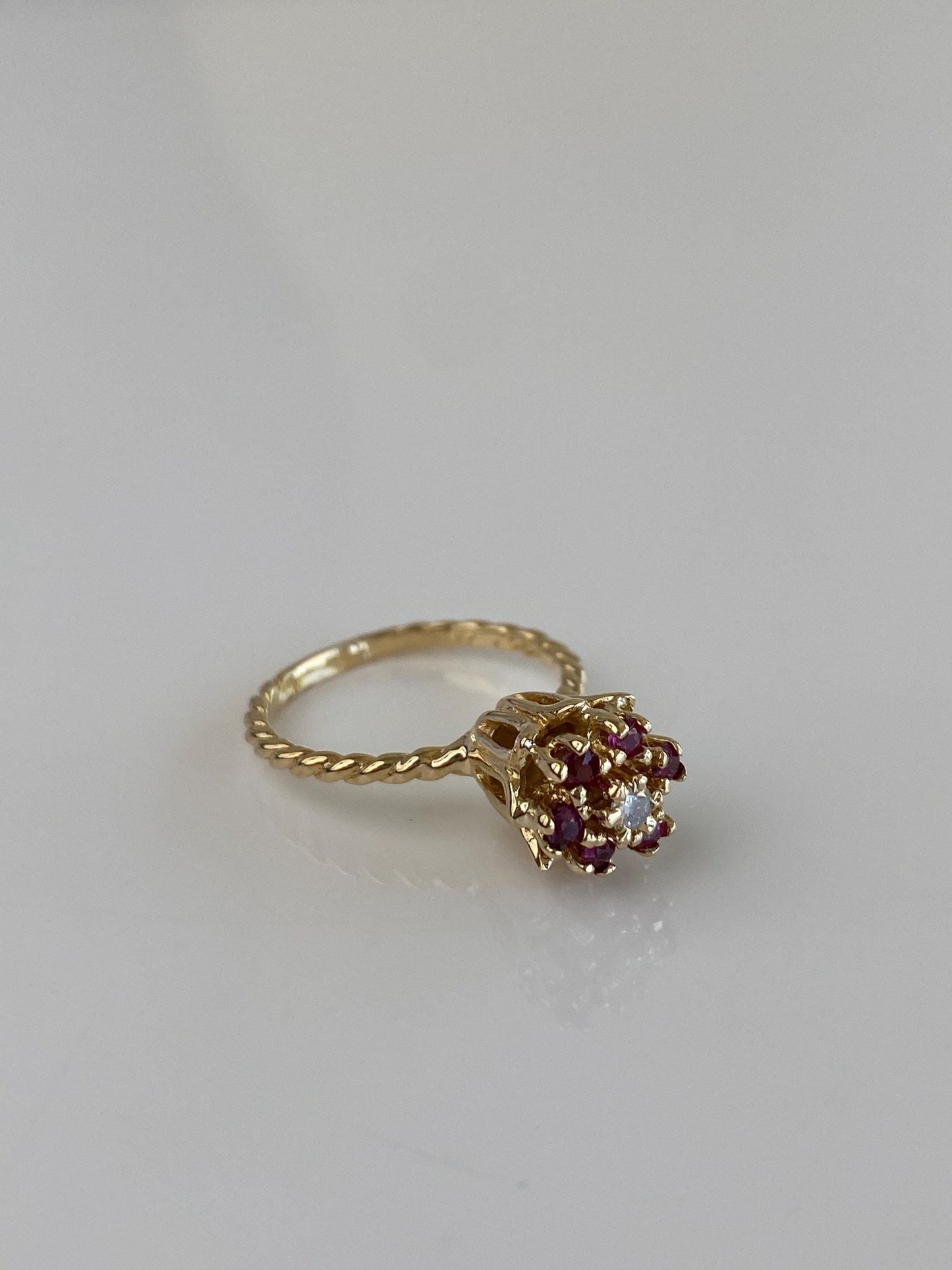Vintage Solid 14k Yellow Gold Pink Sapphire Halo Diamond Flower Ring - Size 6.25