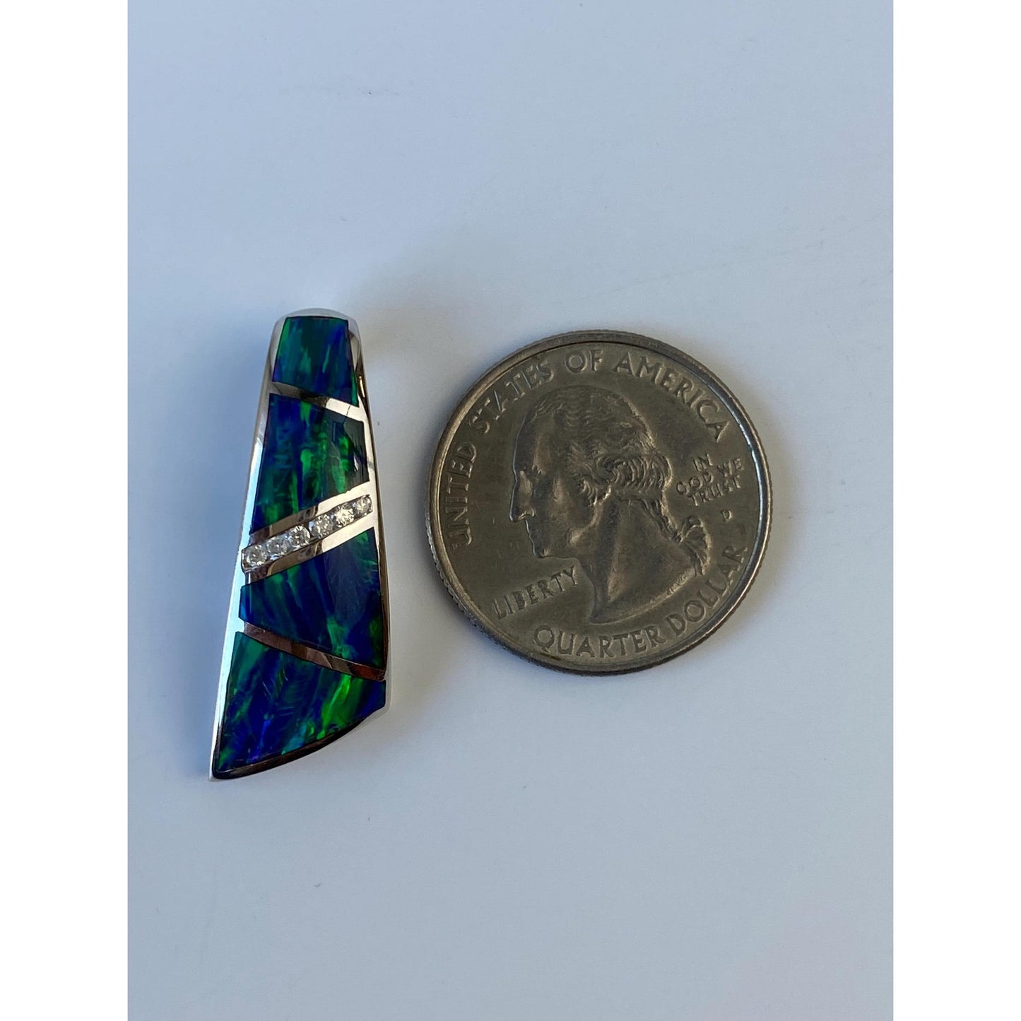 Solid 14k White Gold Diamond Opal Inlay Slide Charm