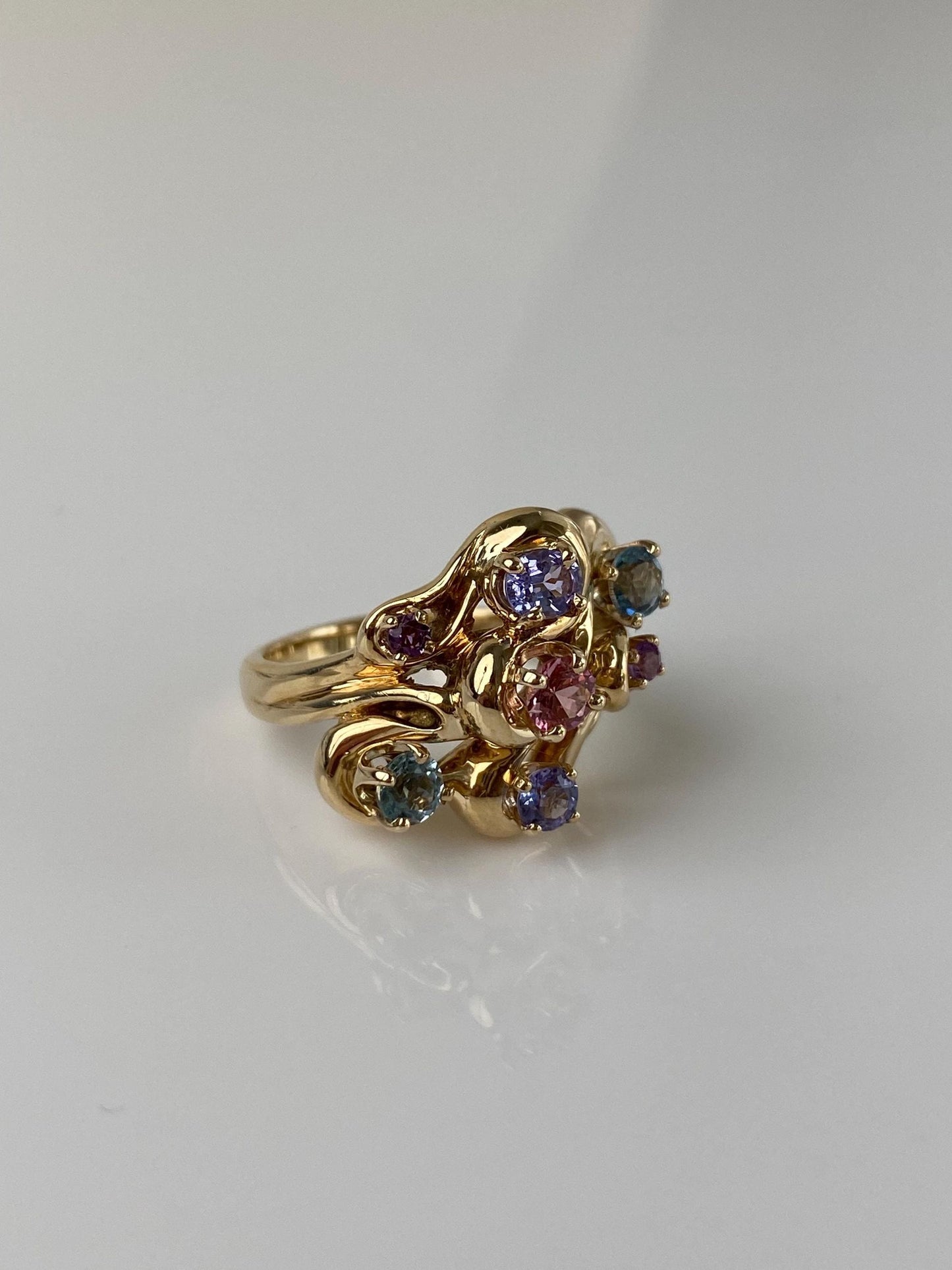 Vintage Solid 14k Yellow Gold Aquamarine Amethyst Pink Quartz Tanzanite Ring - Size 4.5