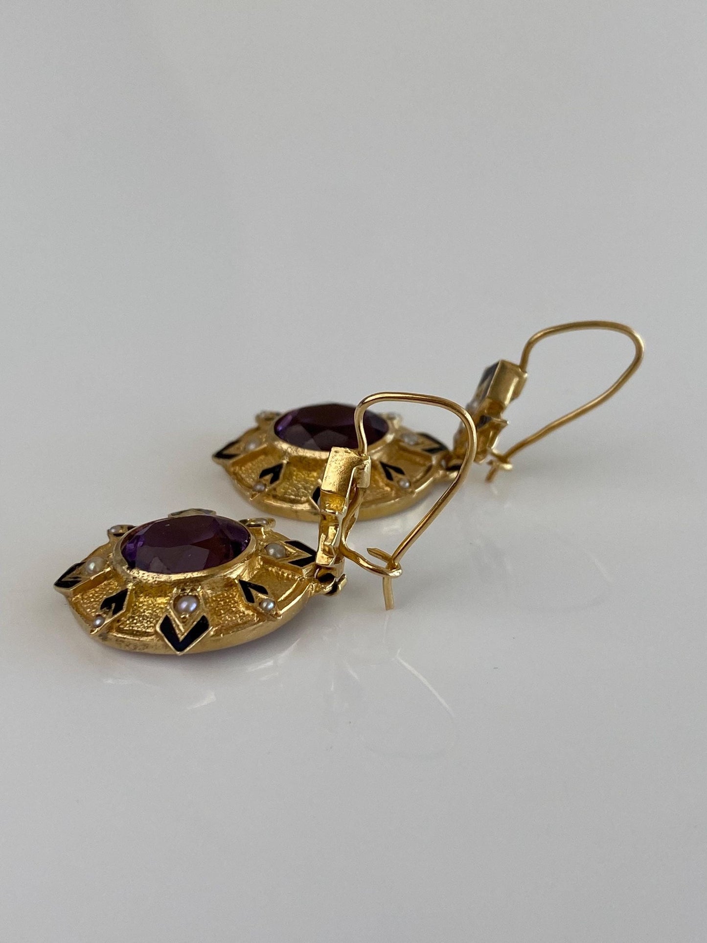 Vintage Solid 14k Yellow Gold Enamel Seed Pearls Amethyst Dangle Earrings
