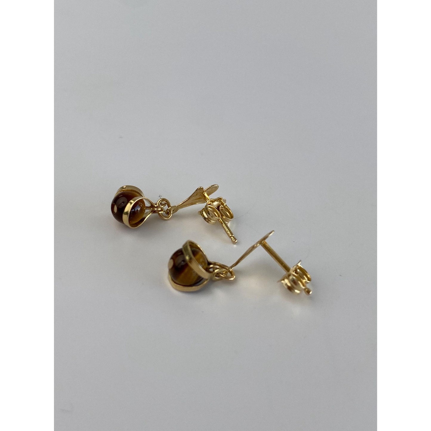 Solid 14k Yellow Gold Tigers Eye Dangle Stud Earrings