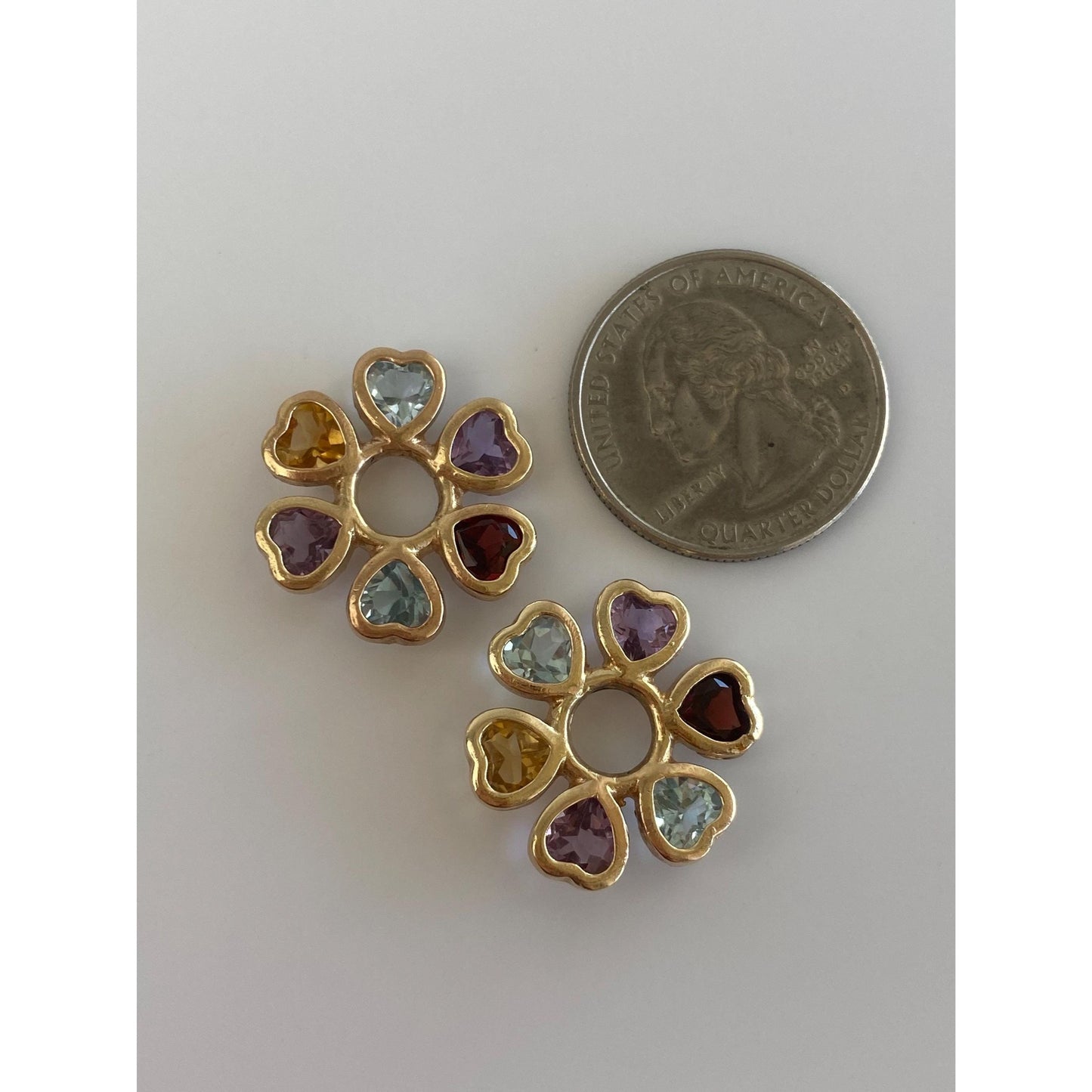 Vintage Solid 14k Yellow Gold Garnet Topaz Citrine Amethyst Hearts Hoop Charms